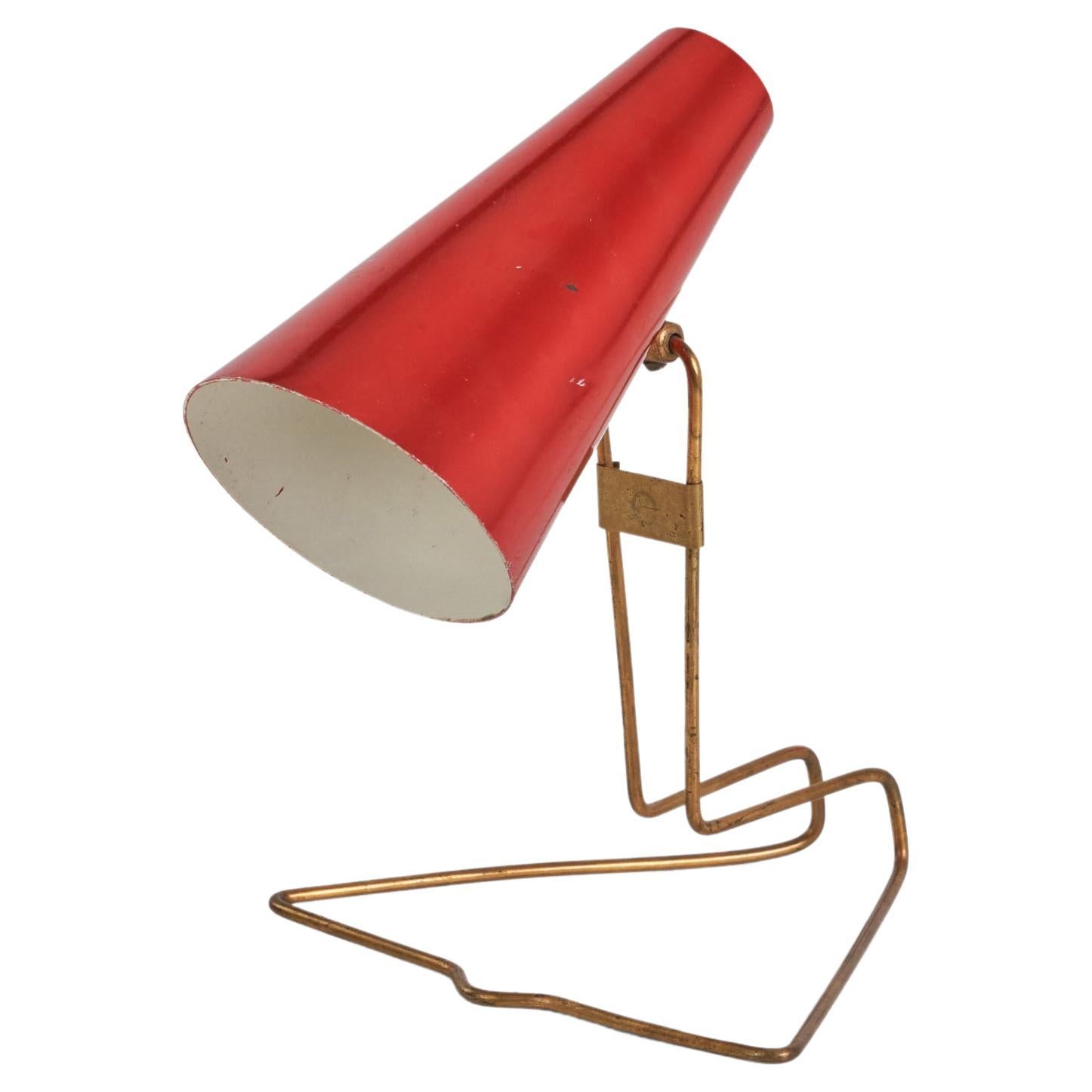 Idman Oy, Adjustable Table Lamp, Brass, Red-Lacquered Metal, Finland, 1950s For Sale