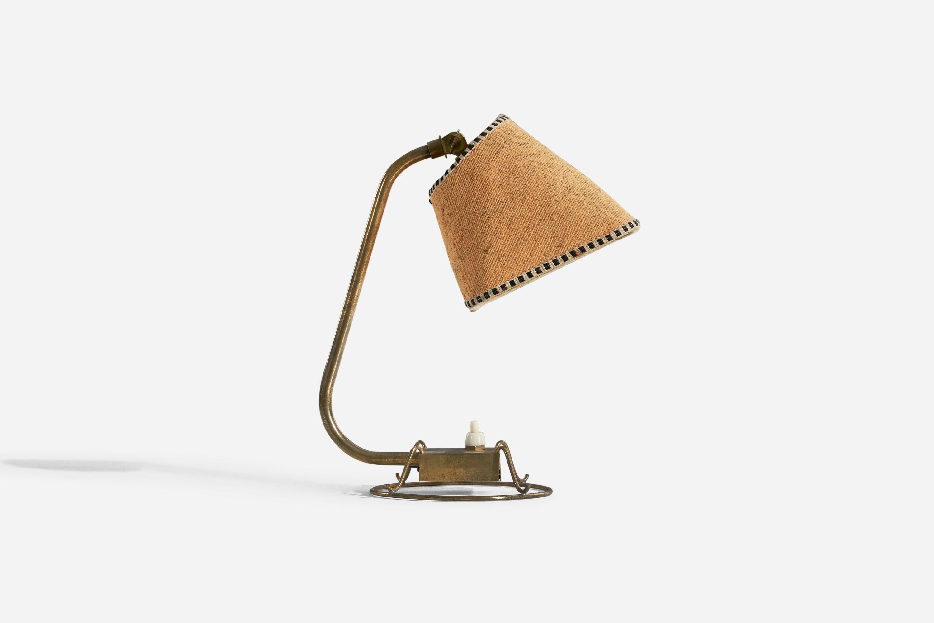 Mid-Century Modern Idman Oy, Table Lamp, Brass, Fabric, Finland, 1940s