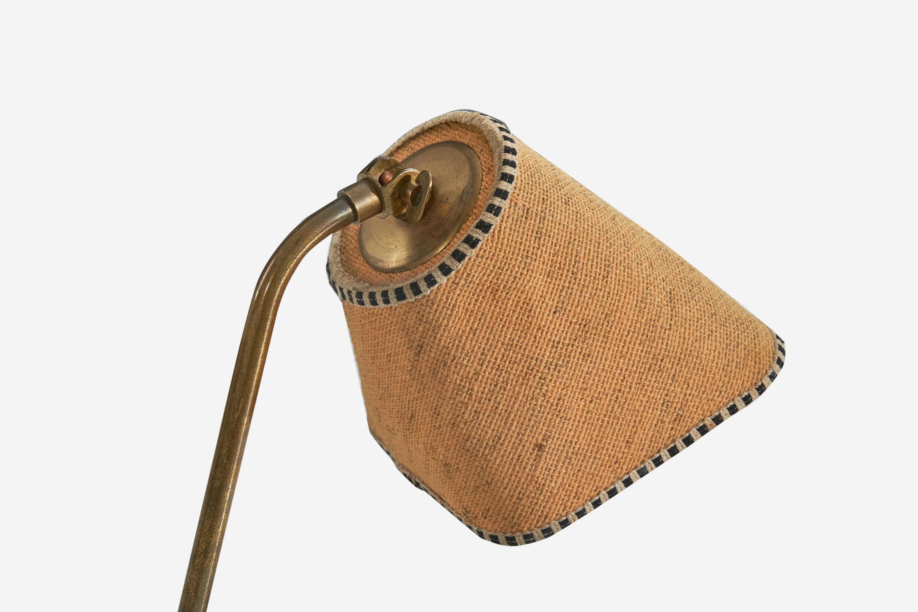 Idman Oy, Table Lamp, Brass, Fabric, Finland, 1940s In Good Condition In High Point, NC