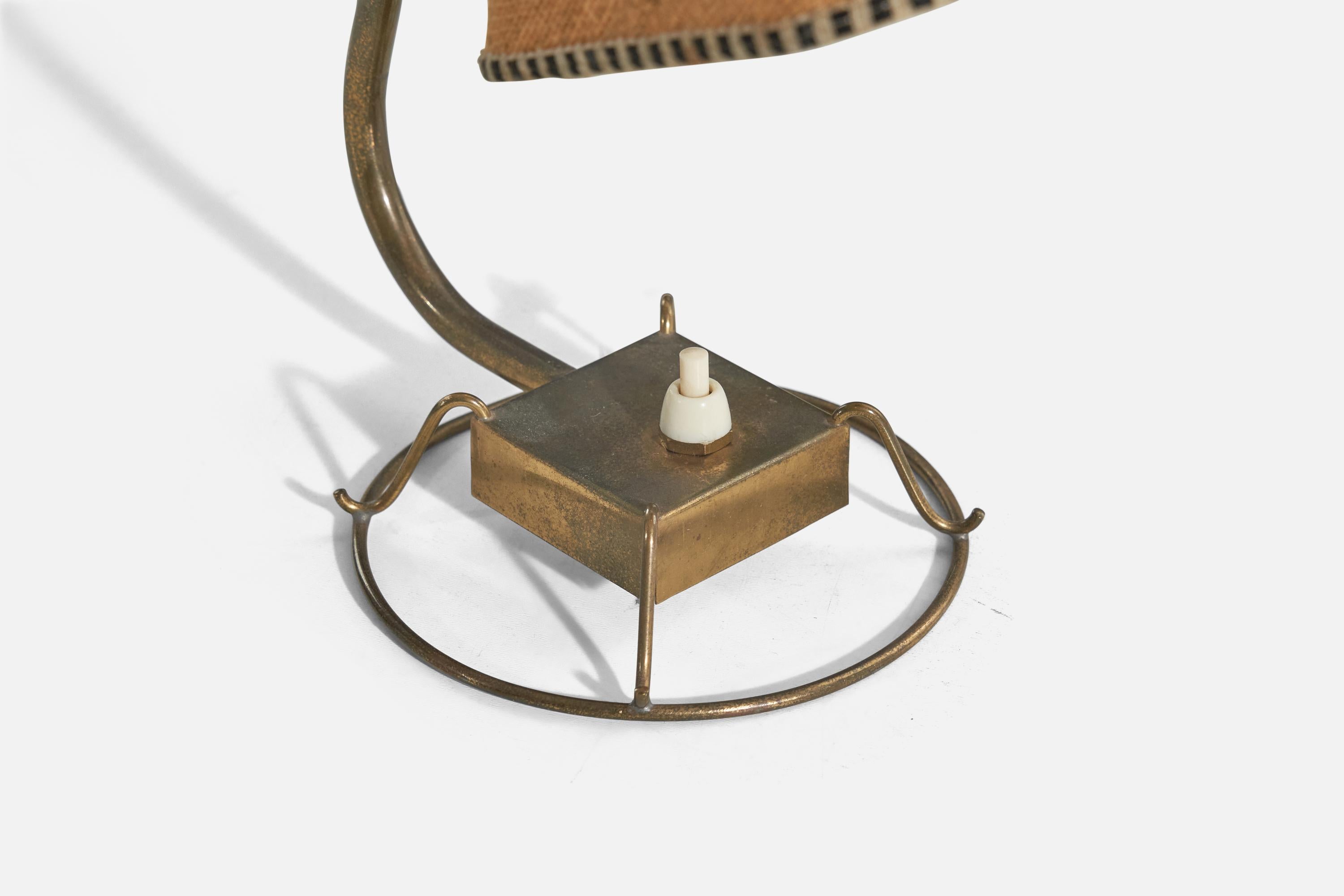 Mid-20th Century Idman Oy, Table Lamp, Brass, Fabric, Finland, 1940s