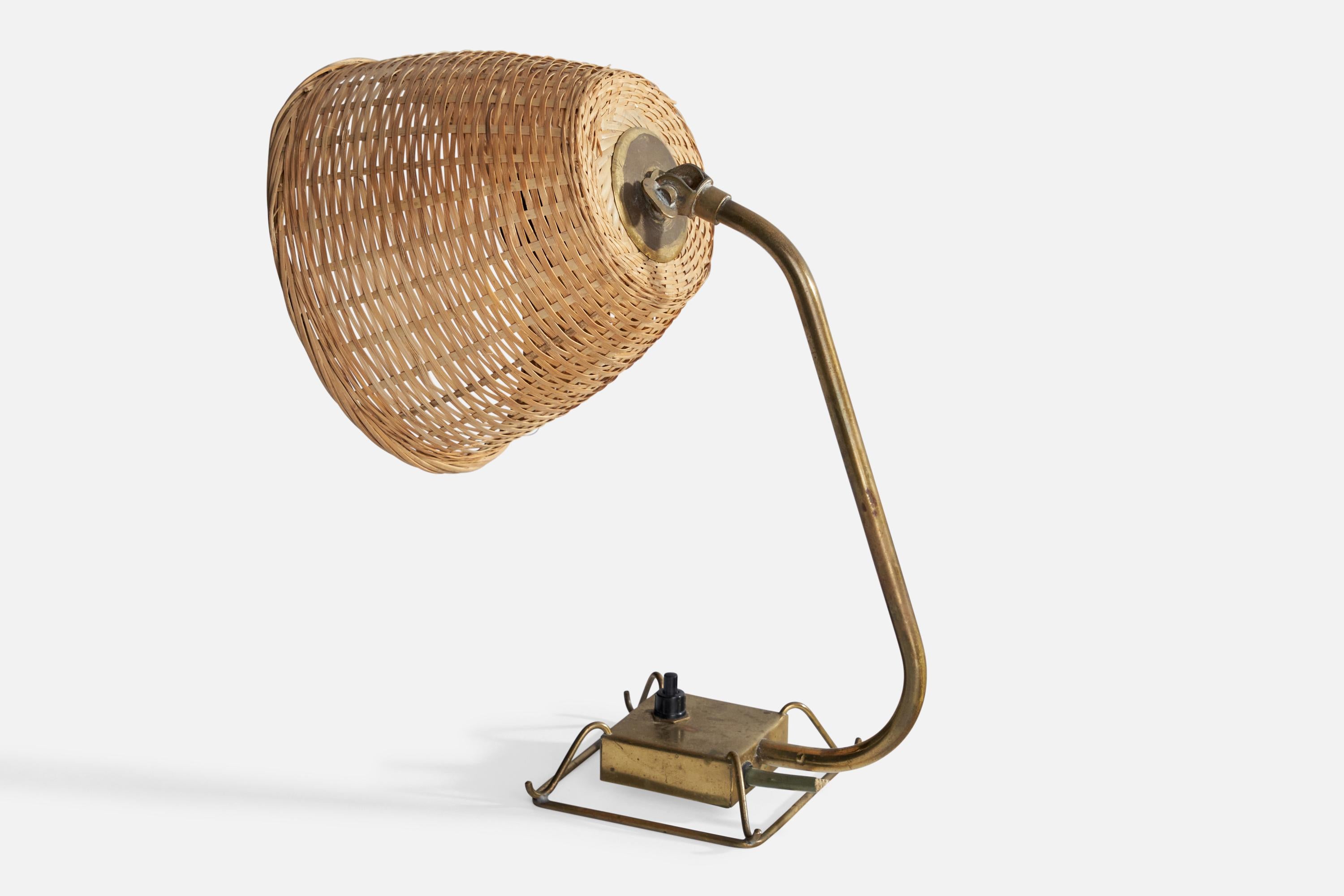 Scandinavian Modern Idman, Table Lamp, Brass, Rattan, Finland, 1940s For Sale