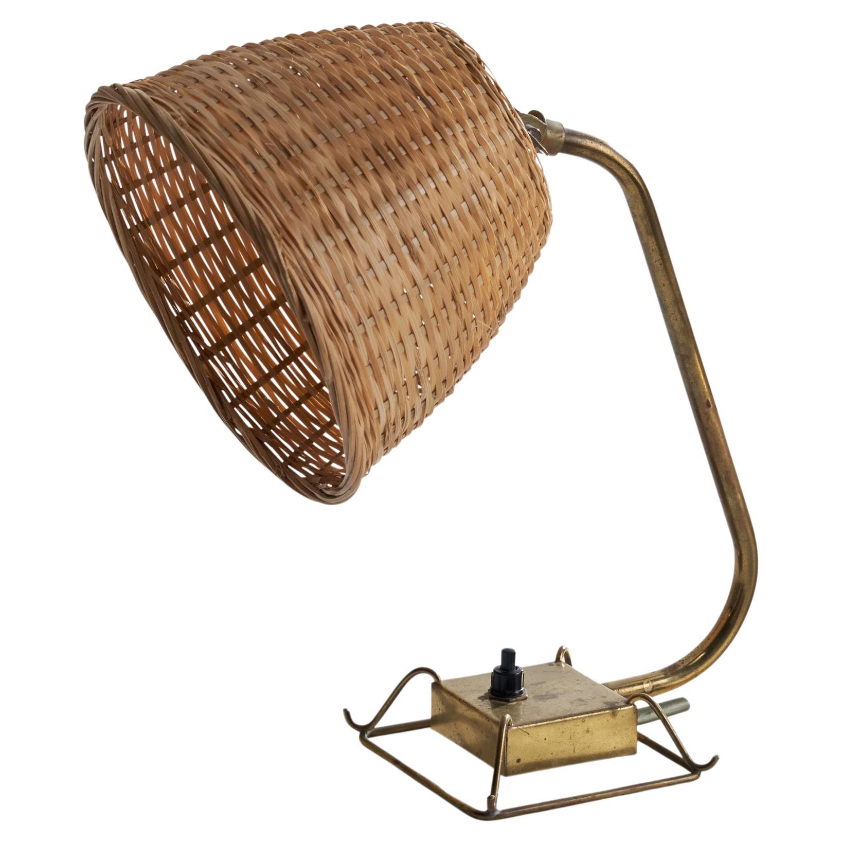 Idman, Table Lamp, Brass, Rattan, Finland, 1940s For Sale