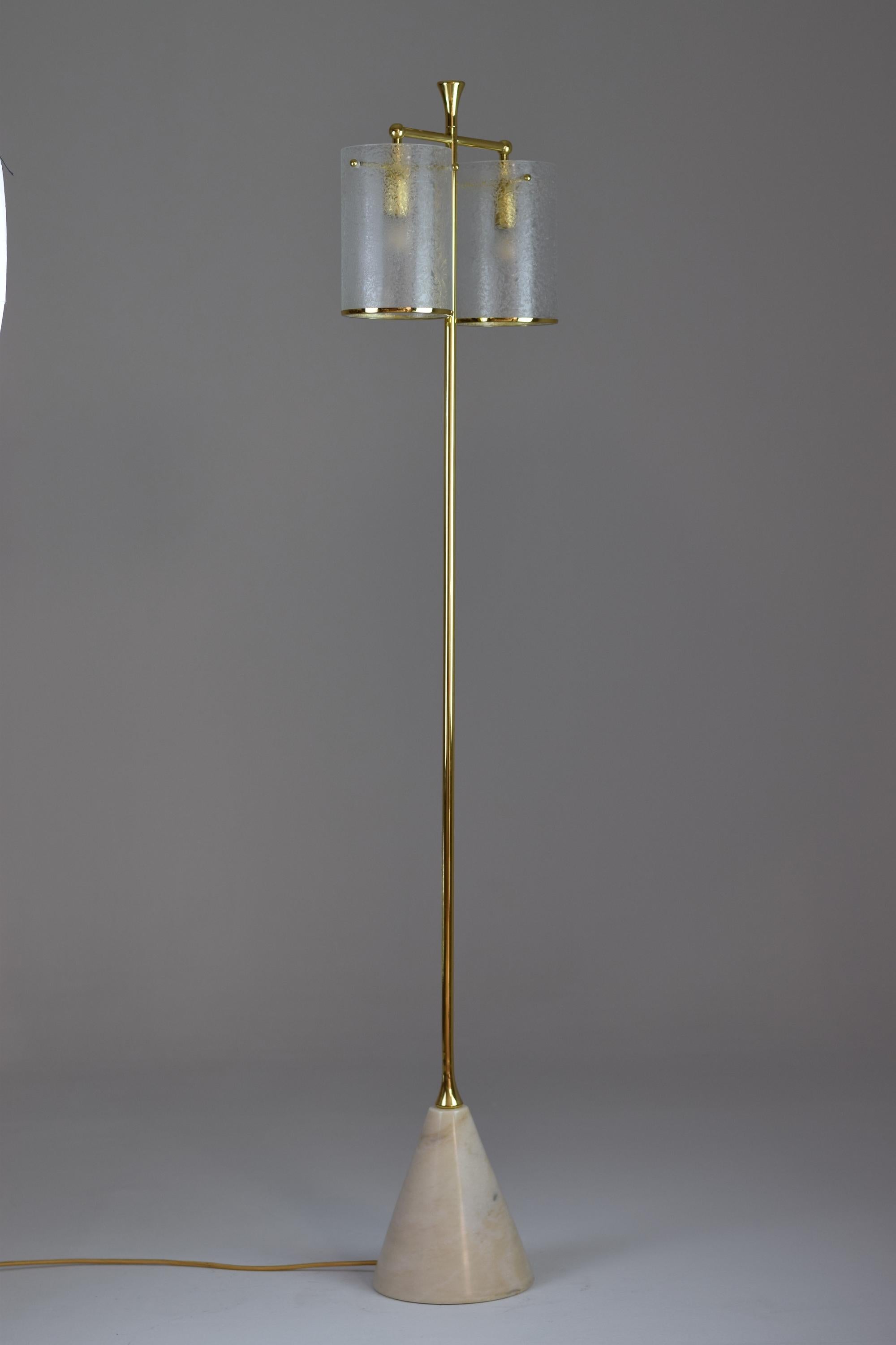 Brass Ido-F5 Floor Lamp with Double Shade Light and Marble Base, Flow Collection