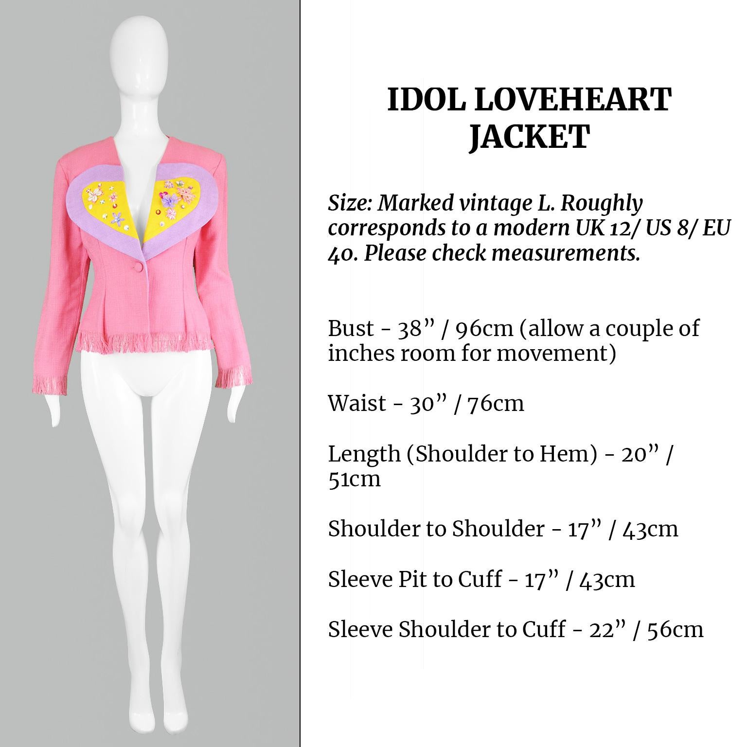 Idol Vintage Pink & Yellow Viscose and Linen Love Heart Fringed Jacket, 1990s For Sale 2