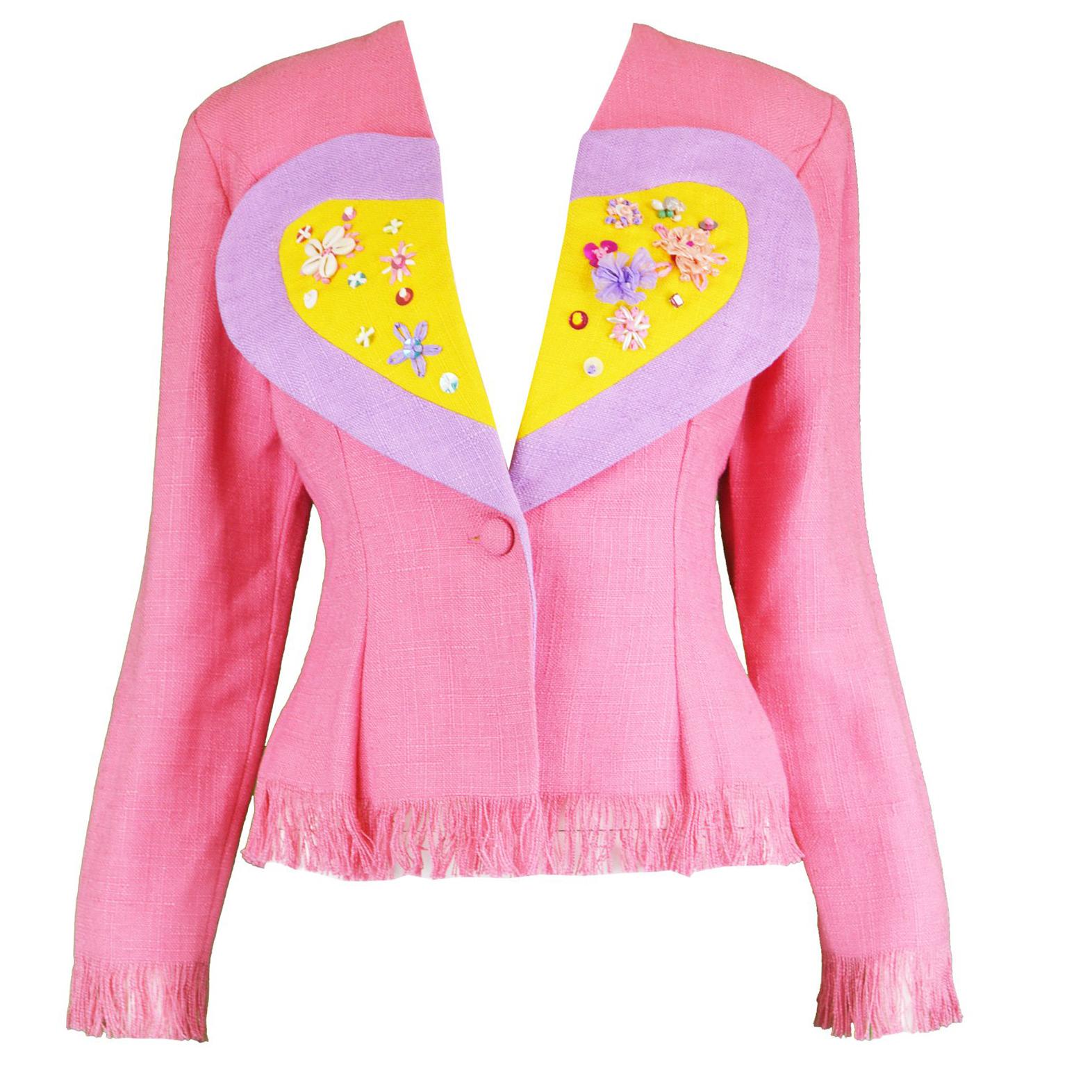 Idol Vintage Pink & Yellow Viscose and Linen Love Heart Fringed Jacket, 1990s For Sale