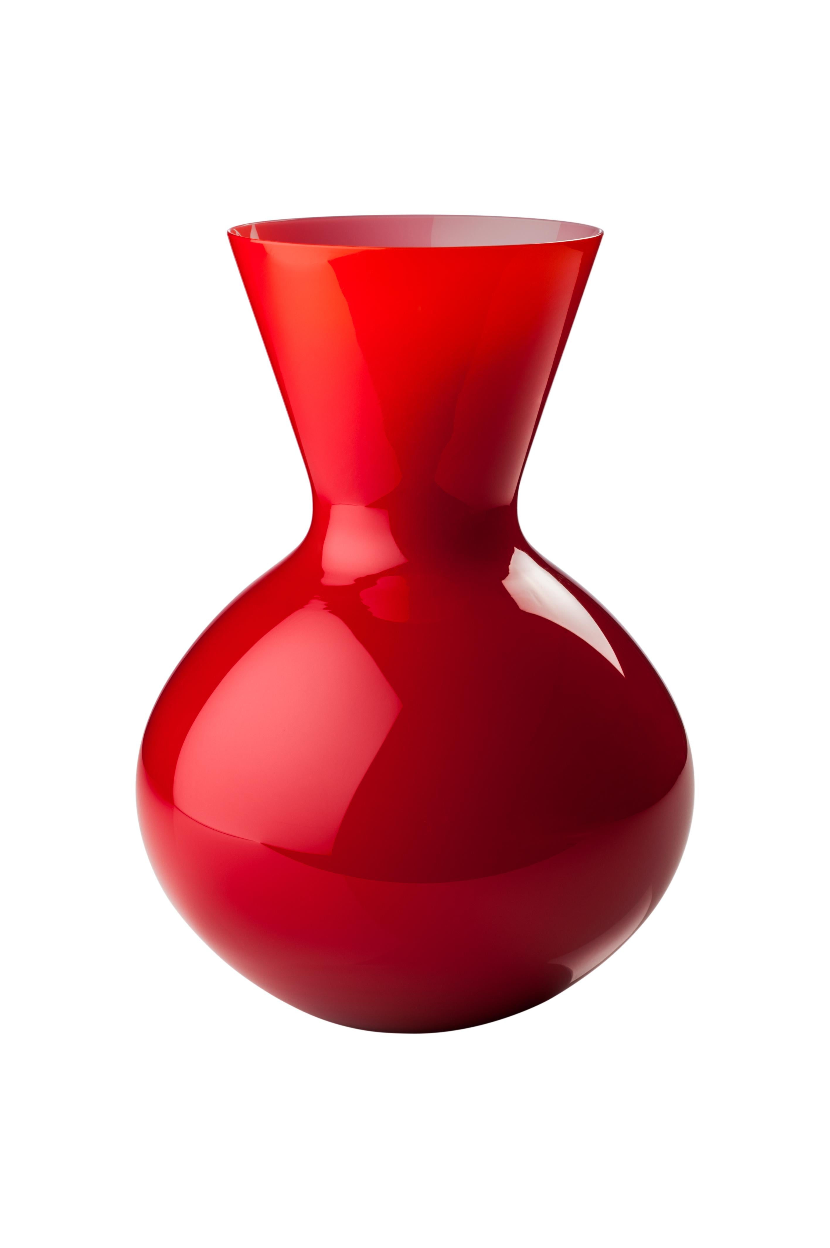 Venini glass vase with round body and angular shaped neck in red designed in 2016. Perfect for indoor home decor as container or strong statement piece for any room. Also available in other colors on 1stdibs.
 