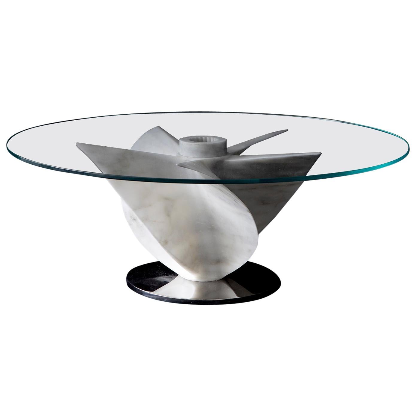 Marble Coffee Table in White Carrara Marble with Glass Top For Sale