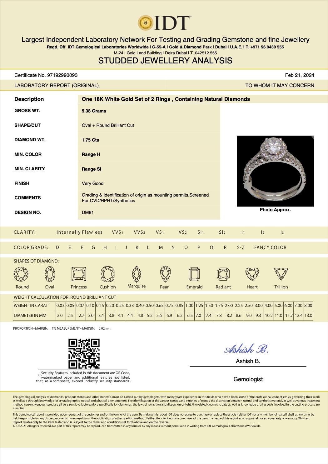 Femenino o masculino Anillo de compromiso de diamantes ovalados con certificado IDT 1,75 quilates Oro blanco de 18 quilates en venta