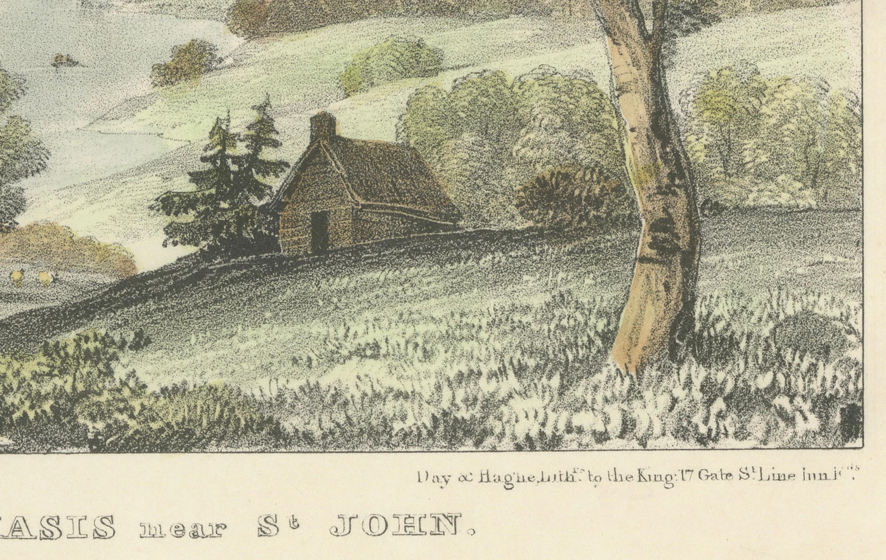 Titel: Stille Schönheit: Auf der Kennebecasis bei St. John  

Beschreibung: Diese handkolorierte Lithografie bietet einen malerischen Blick auf den Kennebecasis River in der Nähe von St. John und fängt die ruhige ländliche Landschaft von New
