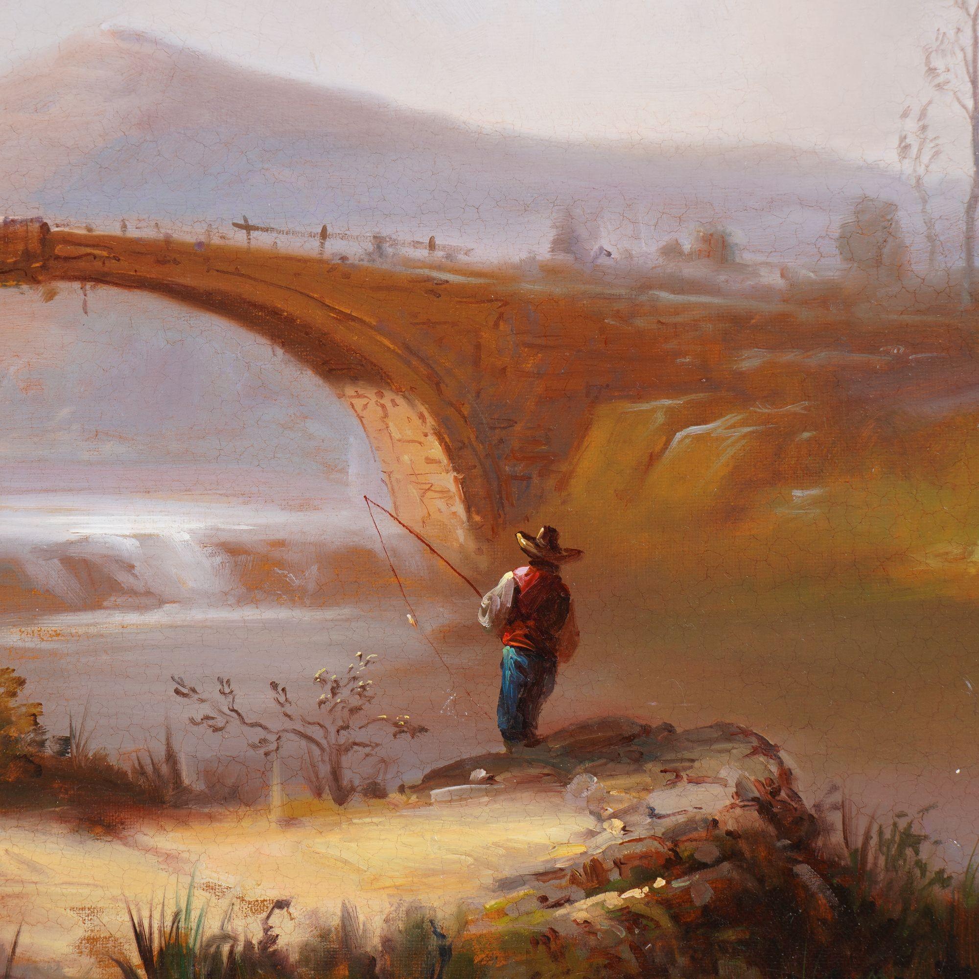 Oil on canvas of an idyllic summer landscape. The composition centers on a lone tree next to a stone bridge over a small waterfall, with figures both fishing and at rest in the foreground. Low hills in the distance stretch across the composition,