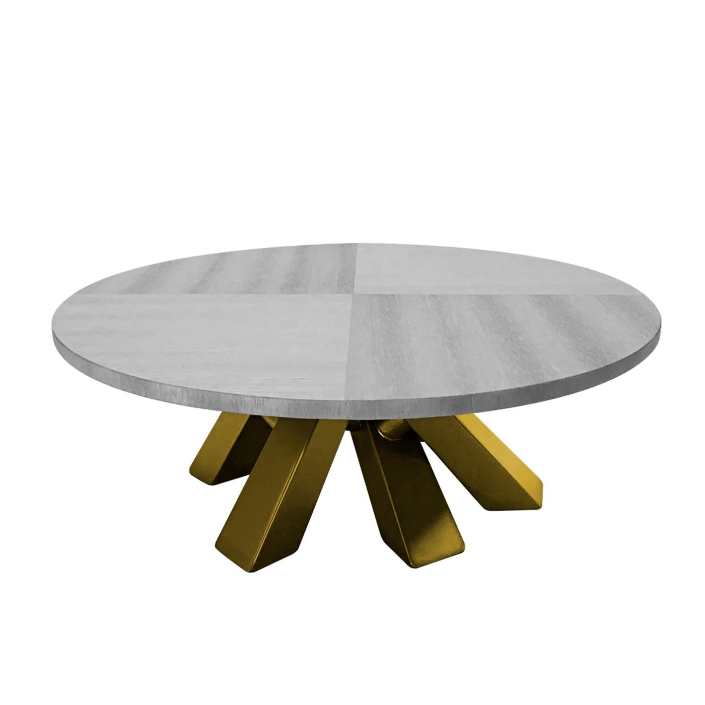 Brimming with sculptural flair, this dining table will complement dining spaces with more than mere functionality, its bronze-finished metal base striking with its dynamic look and opulent allure. The top, offered in gray-stained wood, creates a