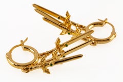 IF & Co 22k Yellow Gold Hoop Dagger Sword Dangle Earrings with Emerald Accents