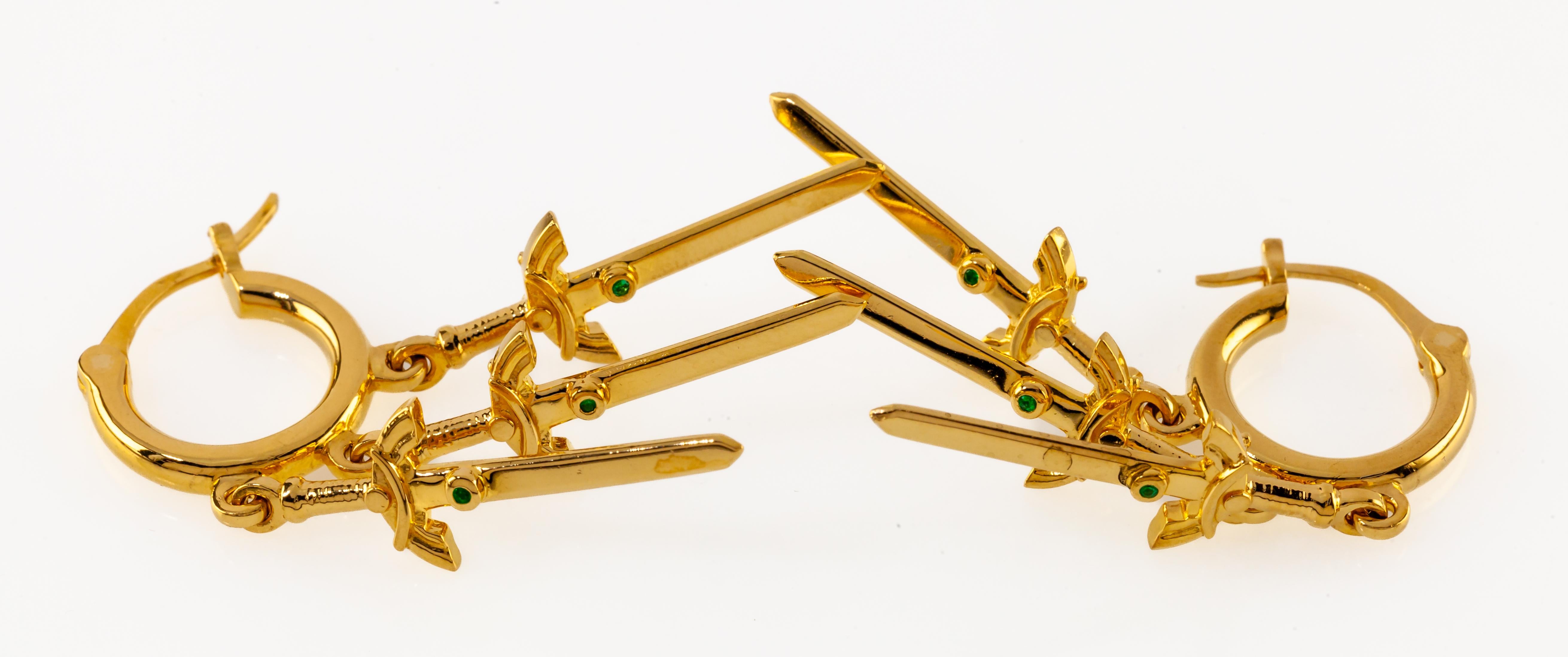 Modern IF & Co 22k Yellow Gold Hoop Dagger Sword Dangle Earrings with Emerald Accents For Sale