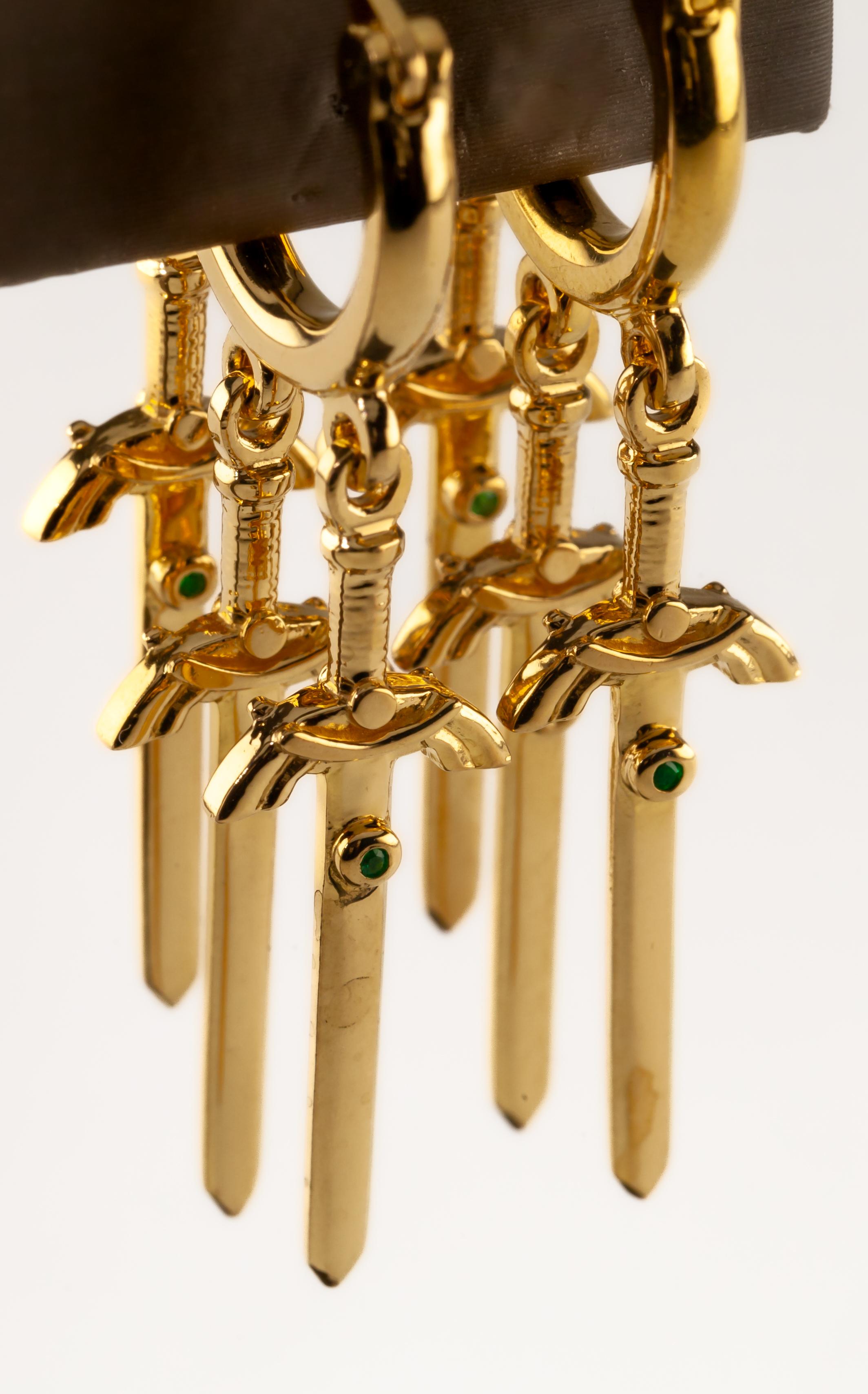 Women's IF & Co 22k Yellow Gold Hoop Dagger Sword Dangle Earrings with Emerald Accents For Sale