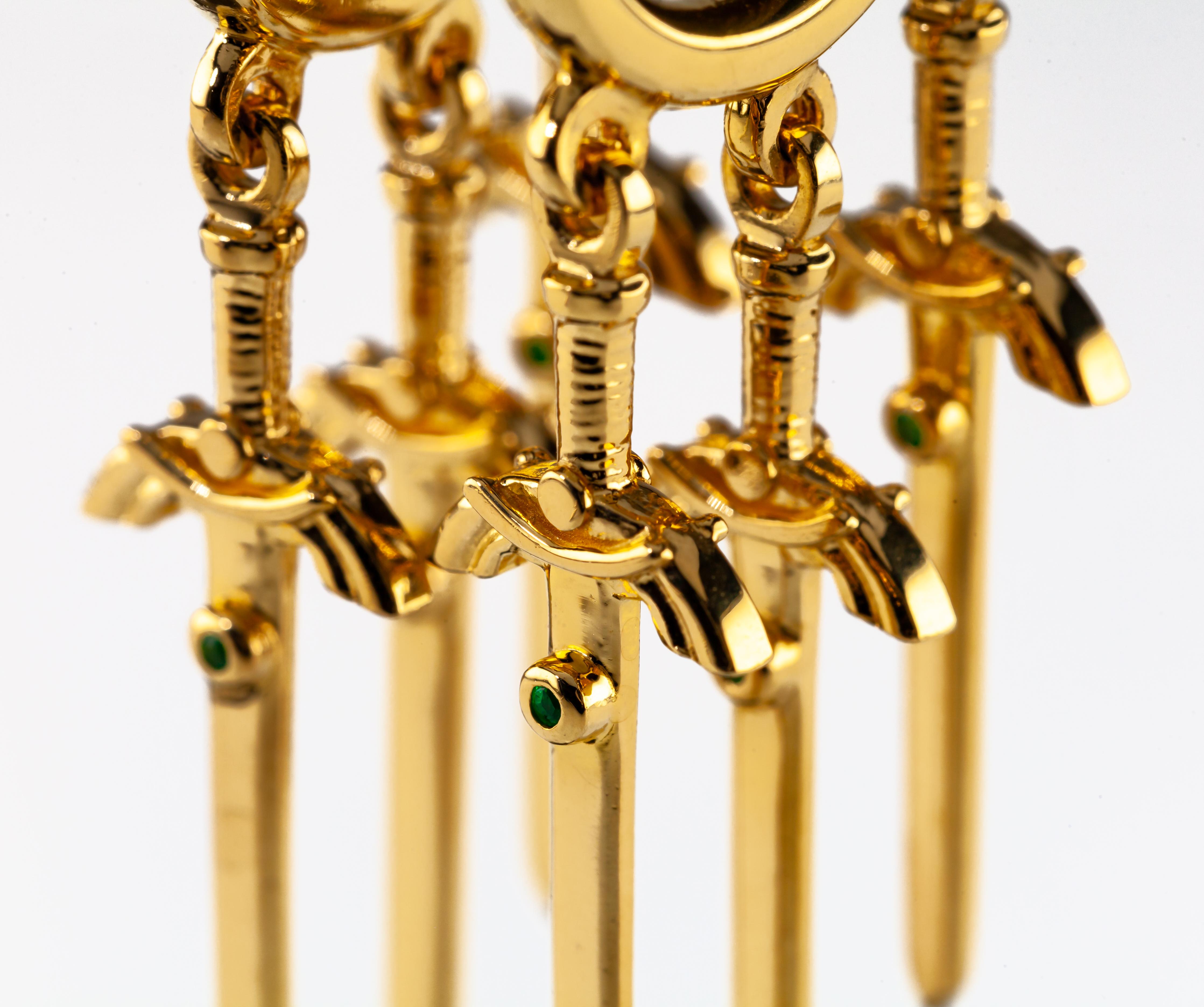 IF & Co 22k Yellow Gold Hoop Dagger Sword Dangle Earrings with Emerald Accents For Sale 1