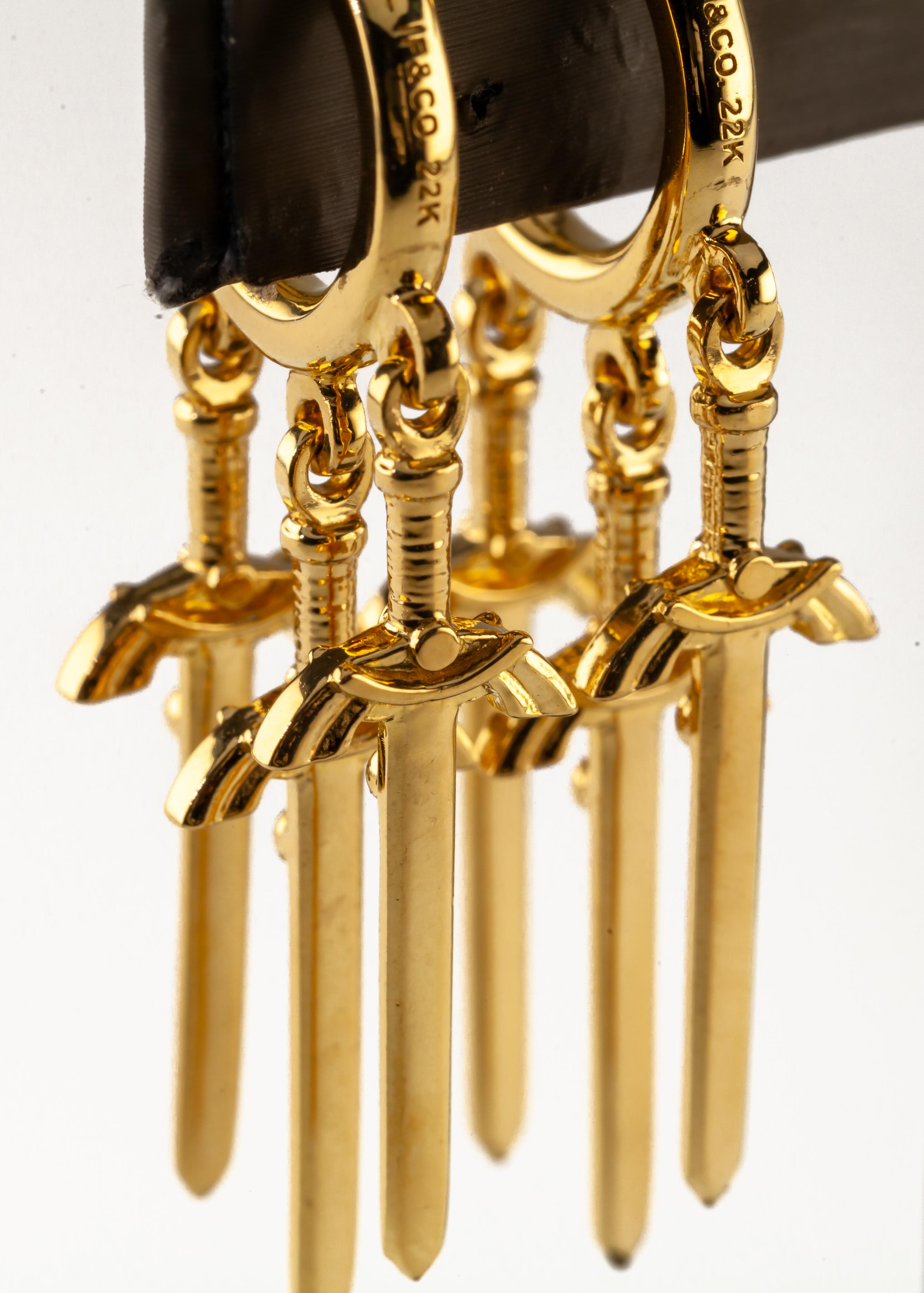 IF & Co 22k Yellow Gold Hoop Dagger Sword Dangle Earrings with Emerald Accents For Sale 2