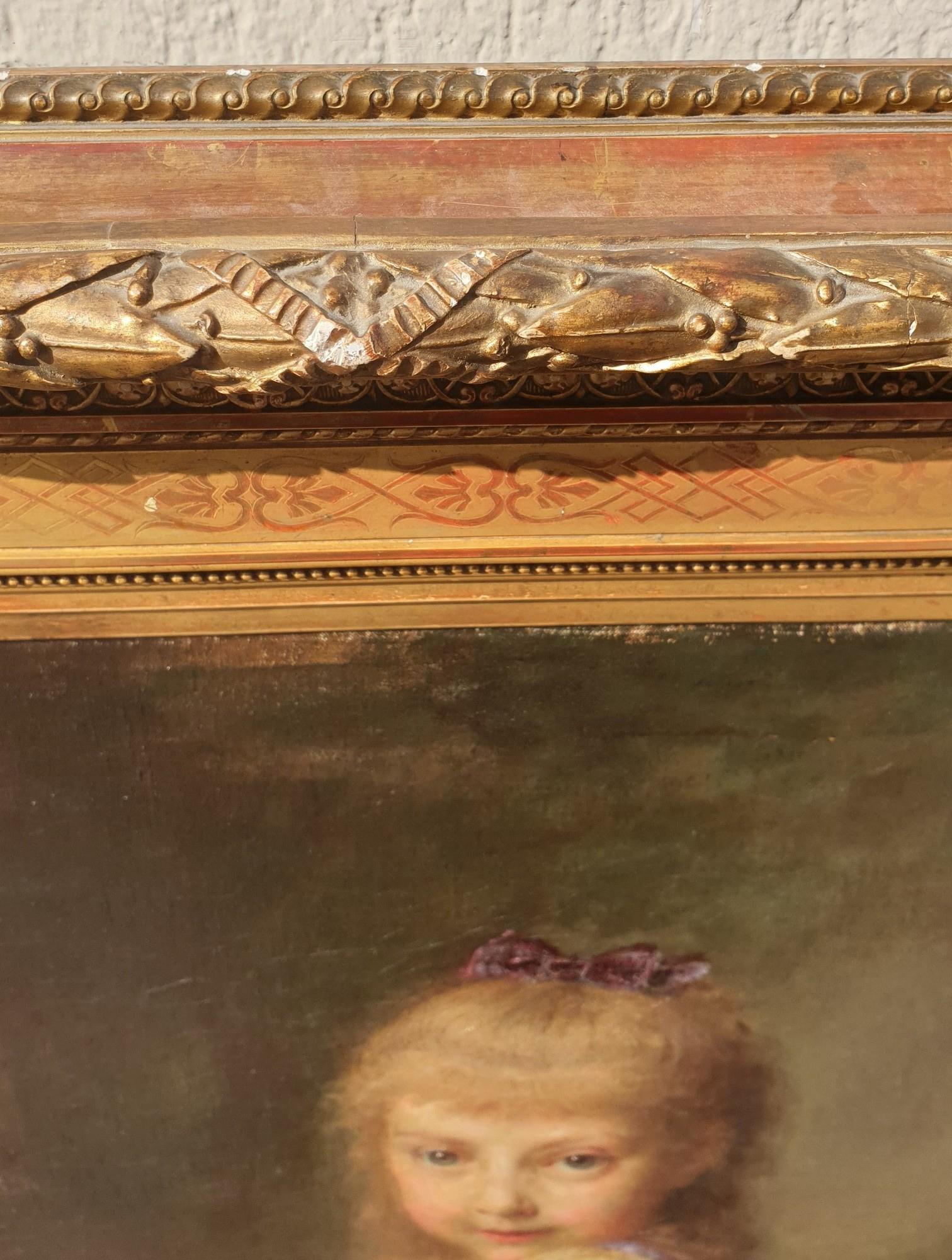 The Overturned Vase: large framed oil on canvas representing a little girl caught in the act of stupidity; she overturned a vase of flowers, water flows onto the table

Painting in beautiful colors, signed on the left Ingomar and dated 1873