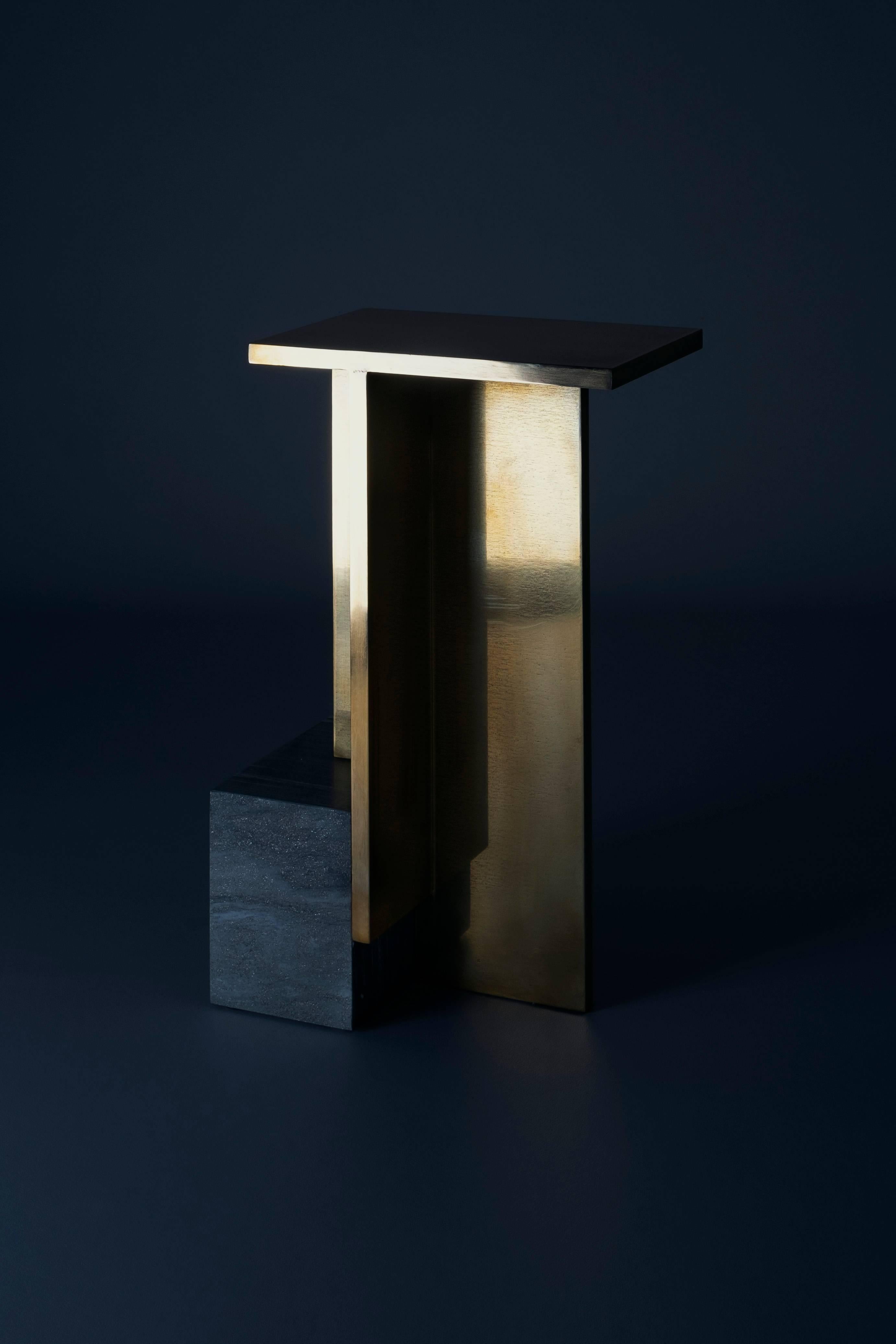 IF Table V
Marble and brass
Measure: H 55 x L 19 x W 30 cm
Edition: 8P + 2AP

The collection ‘Further From Function’ includes seven subtle variations
of a small table ‘IF’ and a limited edition of a sculptural side table ‘KEPT’.
Produced in