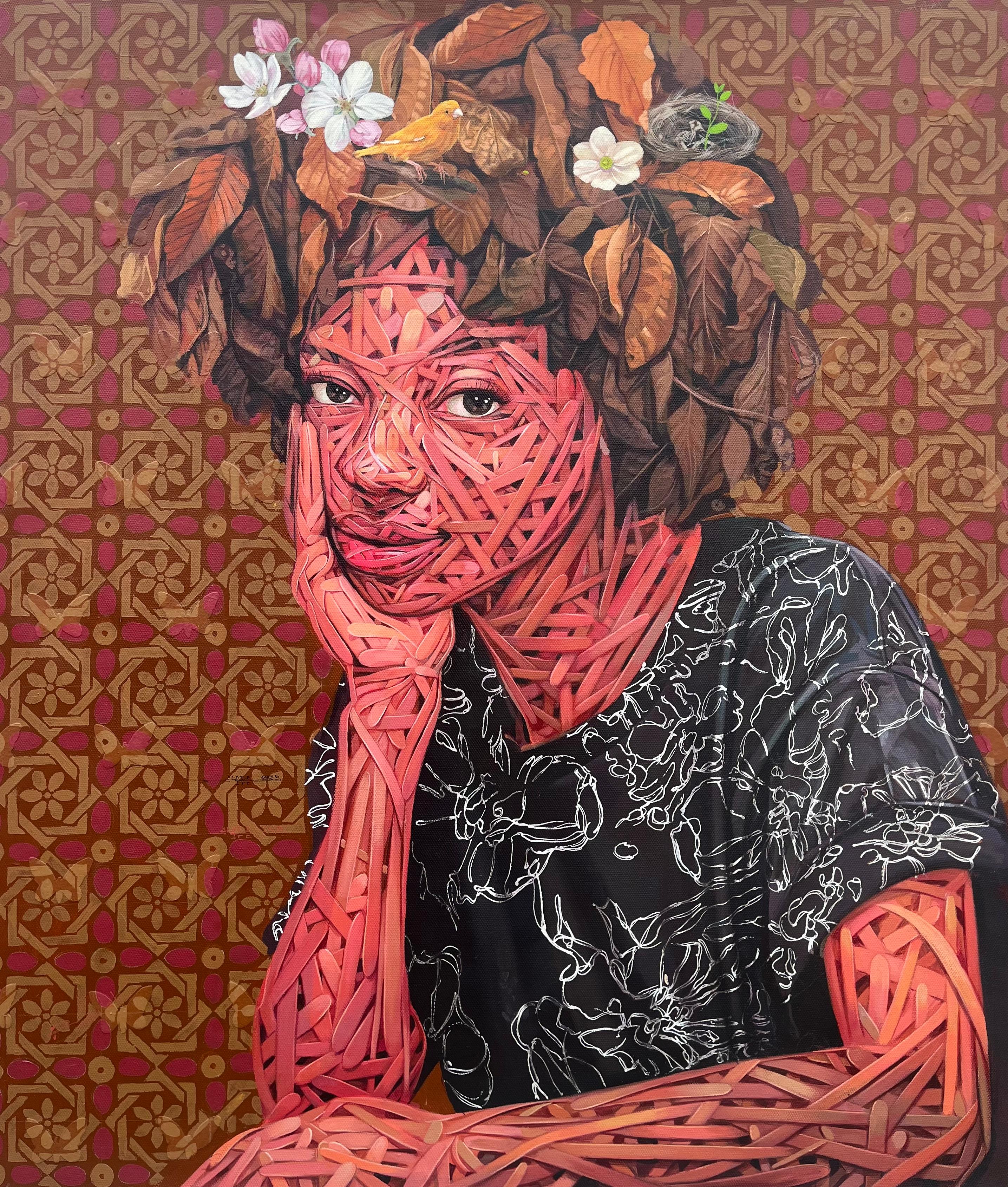 "Beulah" - Ritratto in acrilico con motivi floreali e Nature, 2023