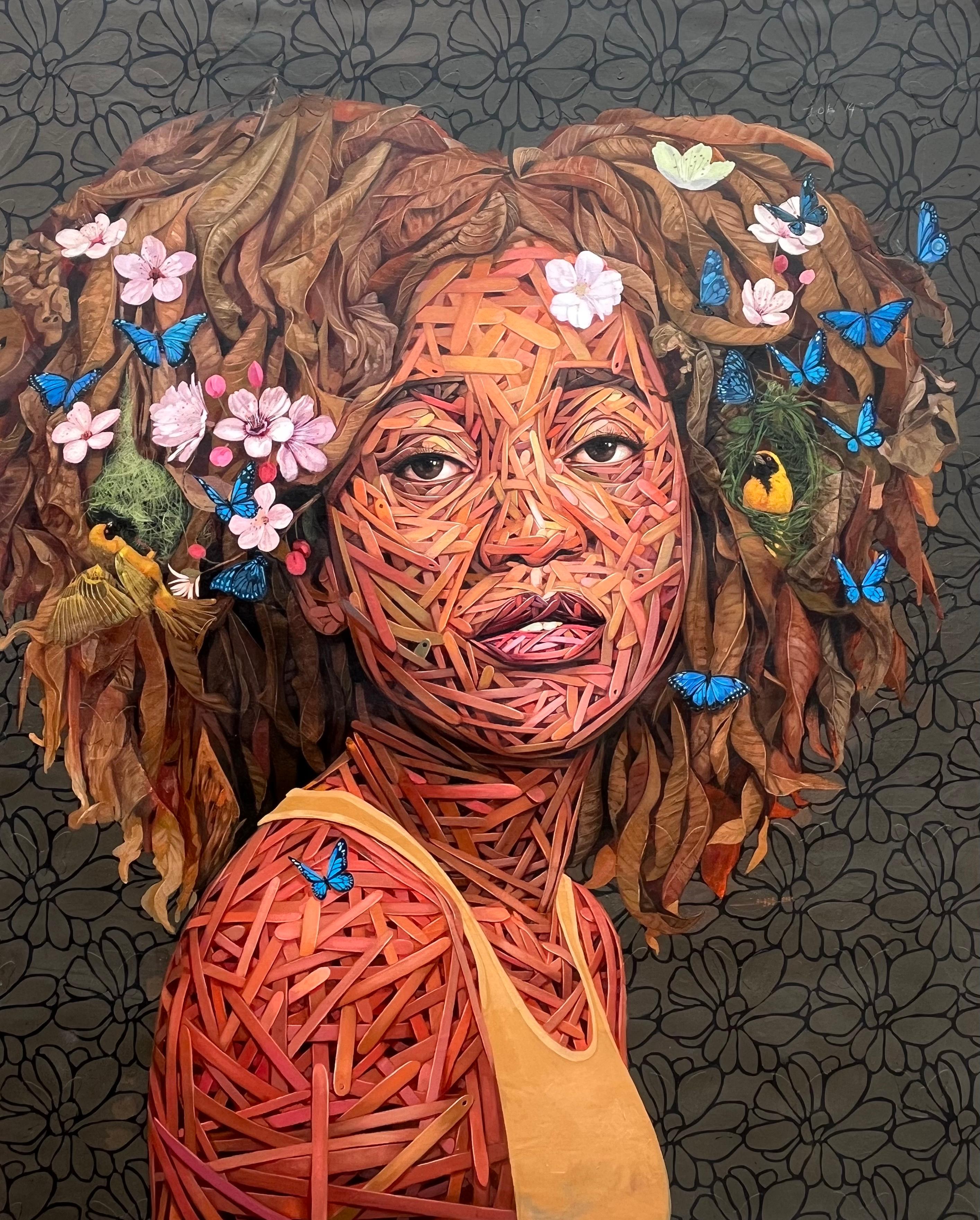 "Oasis" - Ritratto figurativo in acrilico con farfalle e motivi floreali