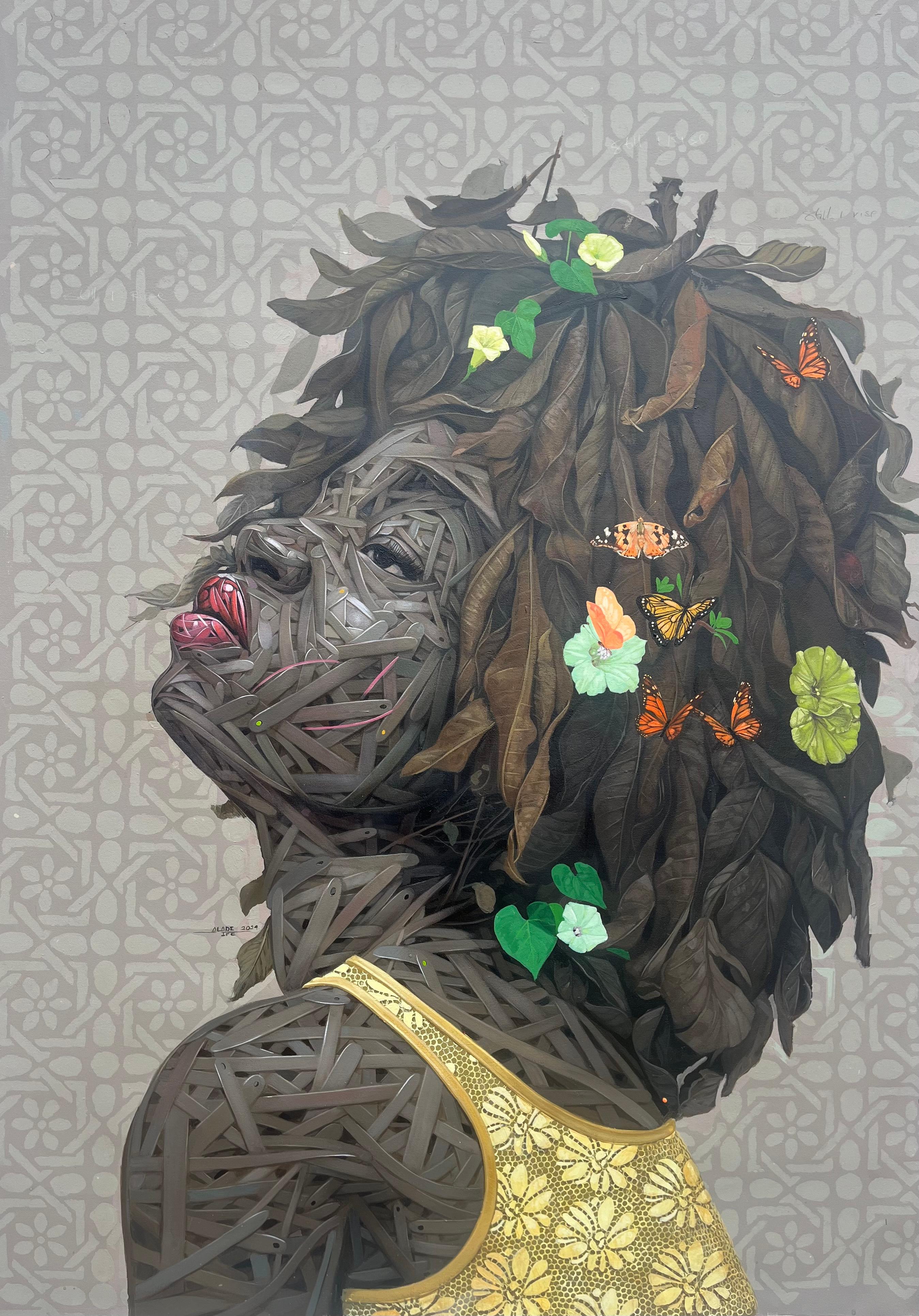 "Still I Rise (1)" - Ritratto figurativo in acrilico con farfalle e rampicanti