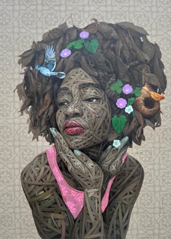 "Still I Rise" - Ritratto figurativo in acrilico con uccelli e rampicanti Morning Glory