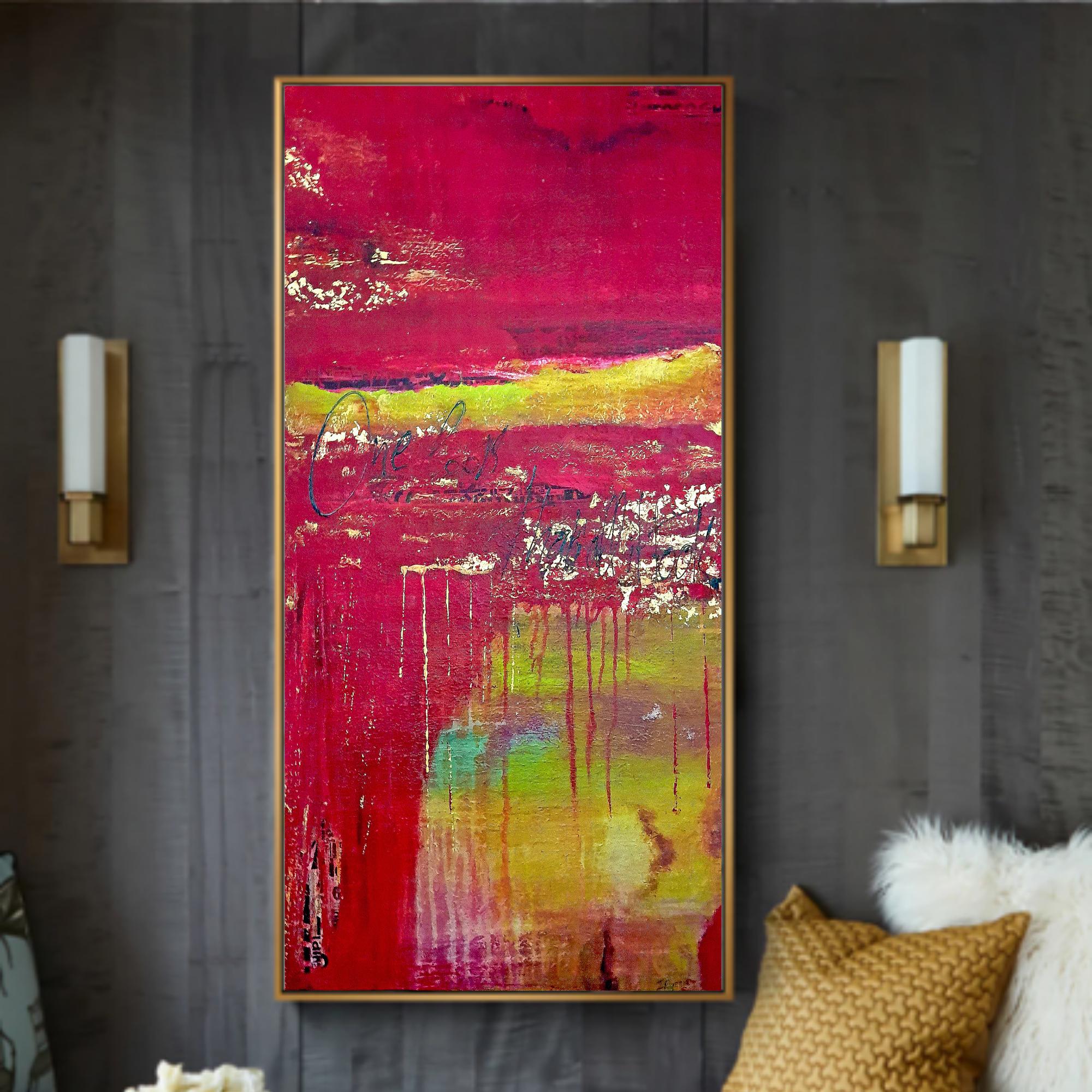 Large abstract mixed media painting, in deep red & earthy colors and gold leaf. It is highly textured with crackle details and the phrase 