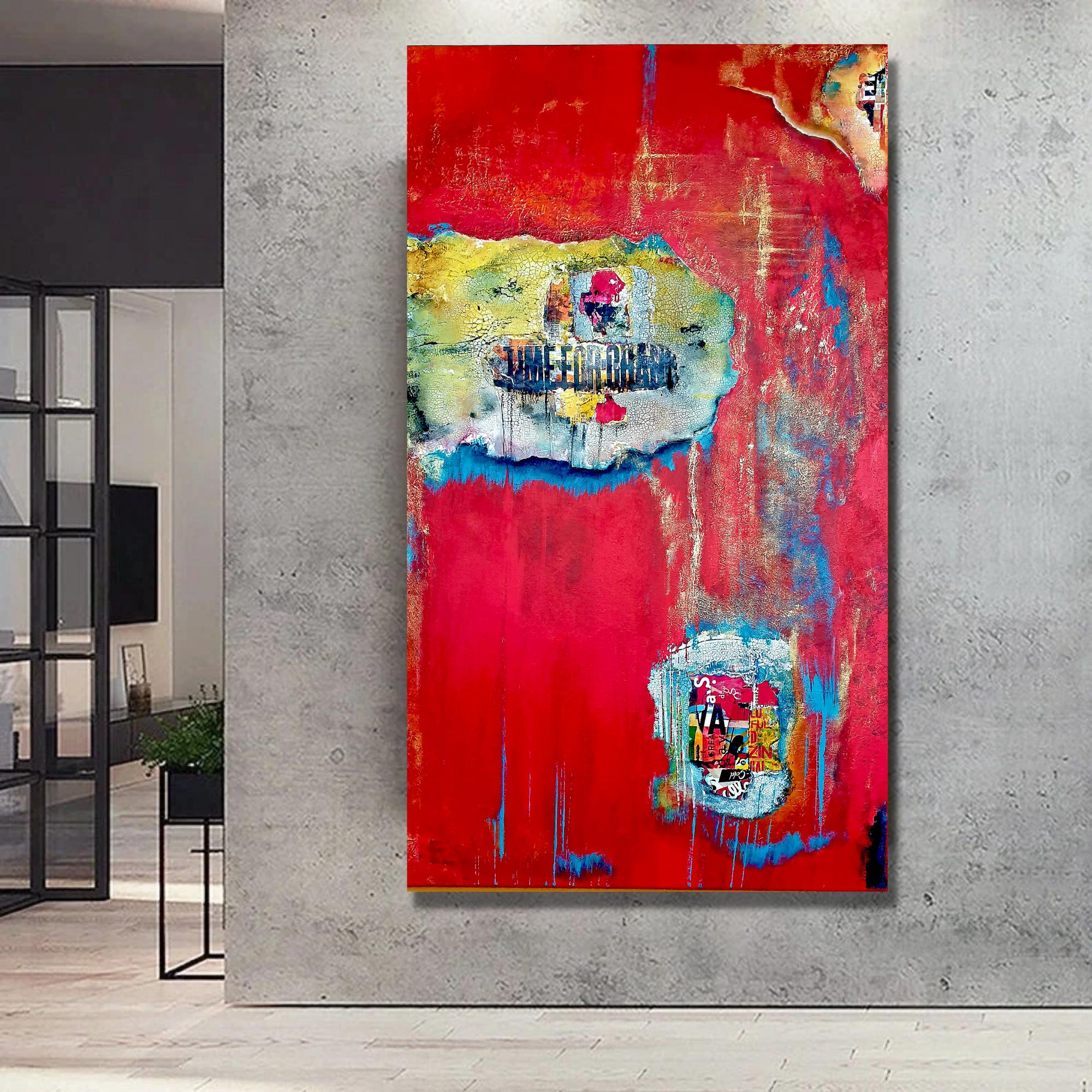 'Time for change' Large abstract acrylic painting, Painting, Acrylic on Canvas - Red Abstract Painting by Ifigenia christodoulidou