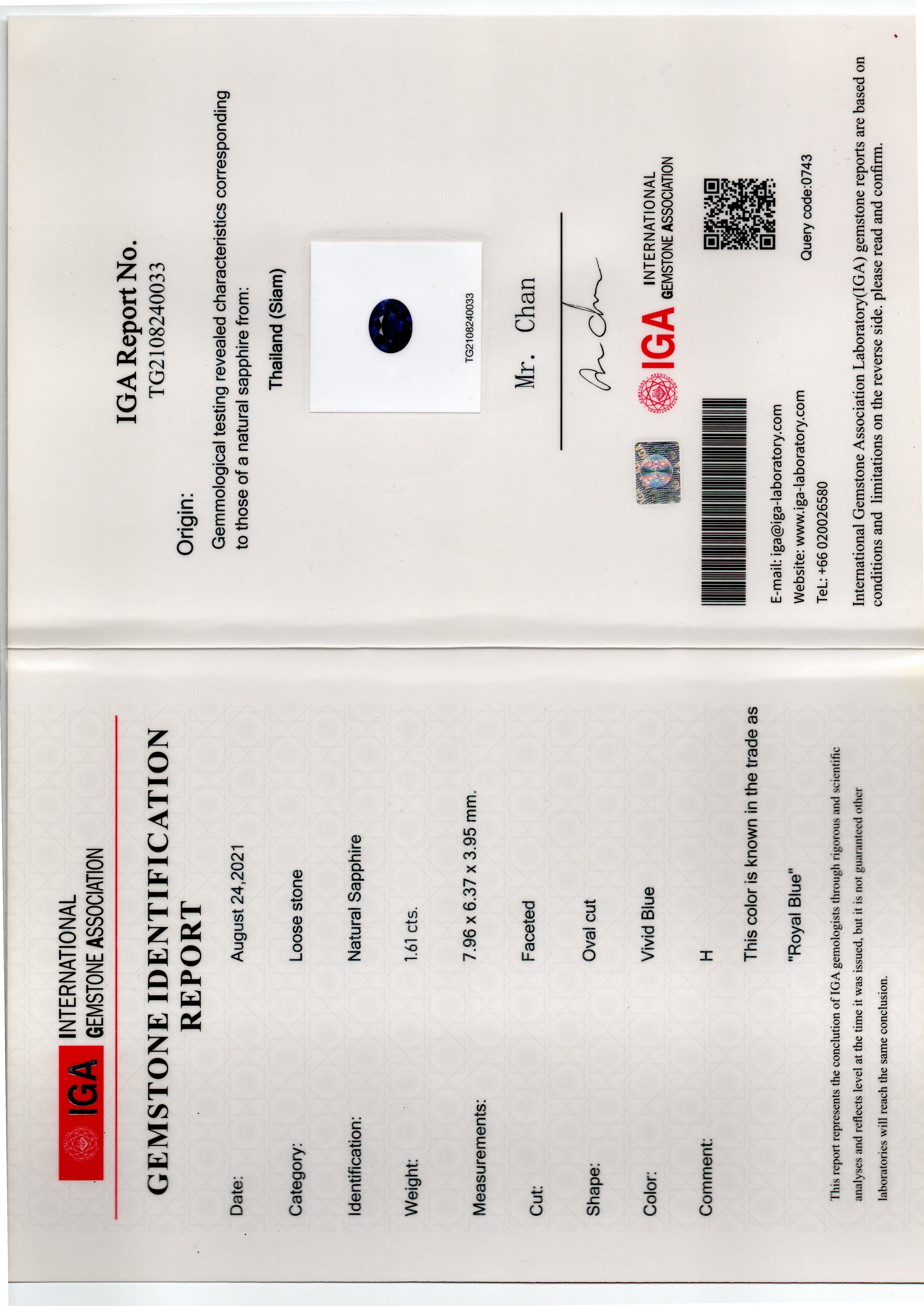 Anello con zaffiro blu vivo del Siam certificato IGA da 1,61 carati in vendita 7