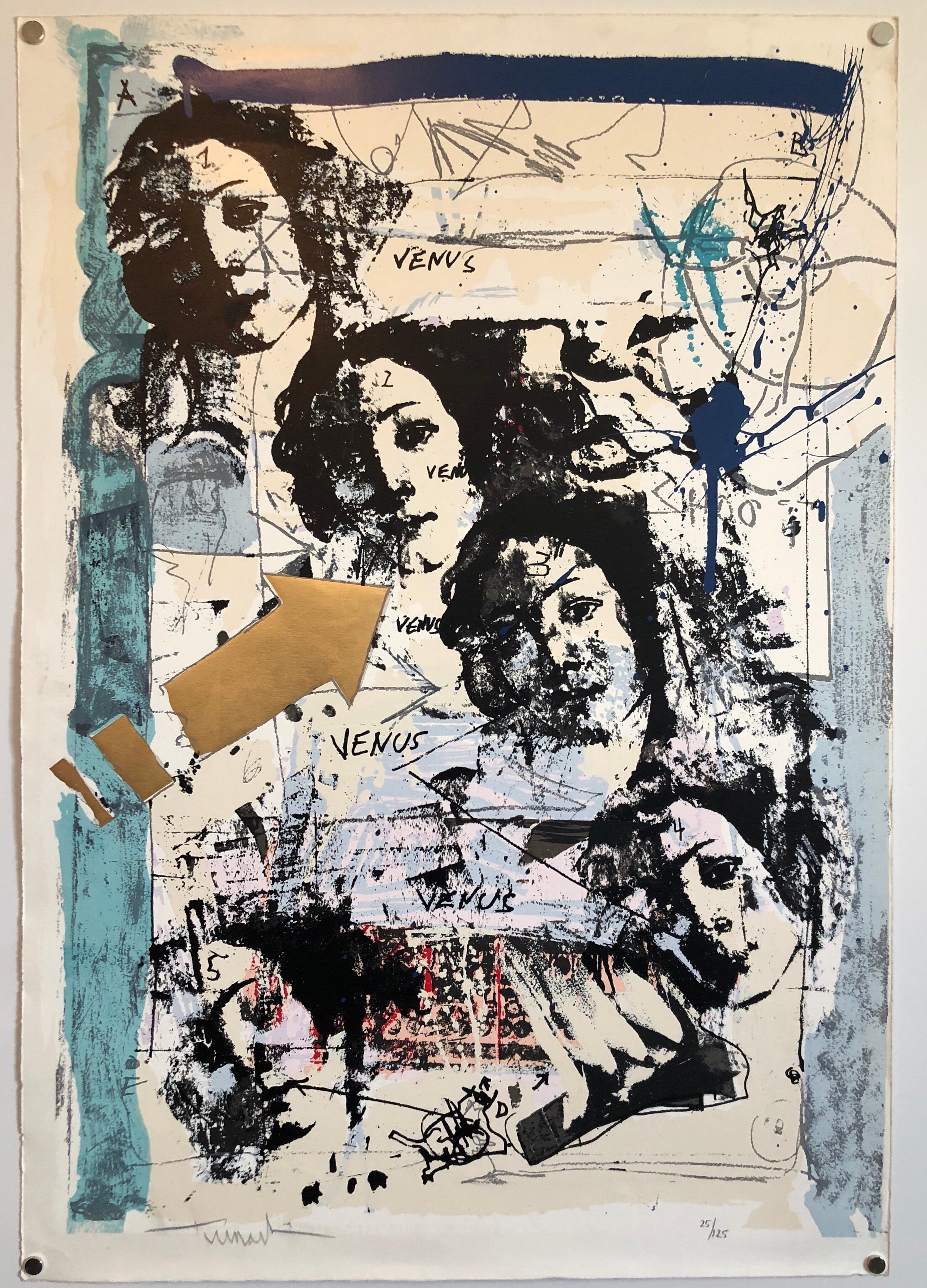 Litografía israelí de técnica mixta en pan de oro Tumarkin Collage abstracto surrealista 1