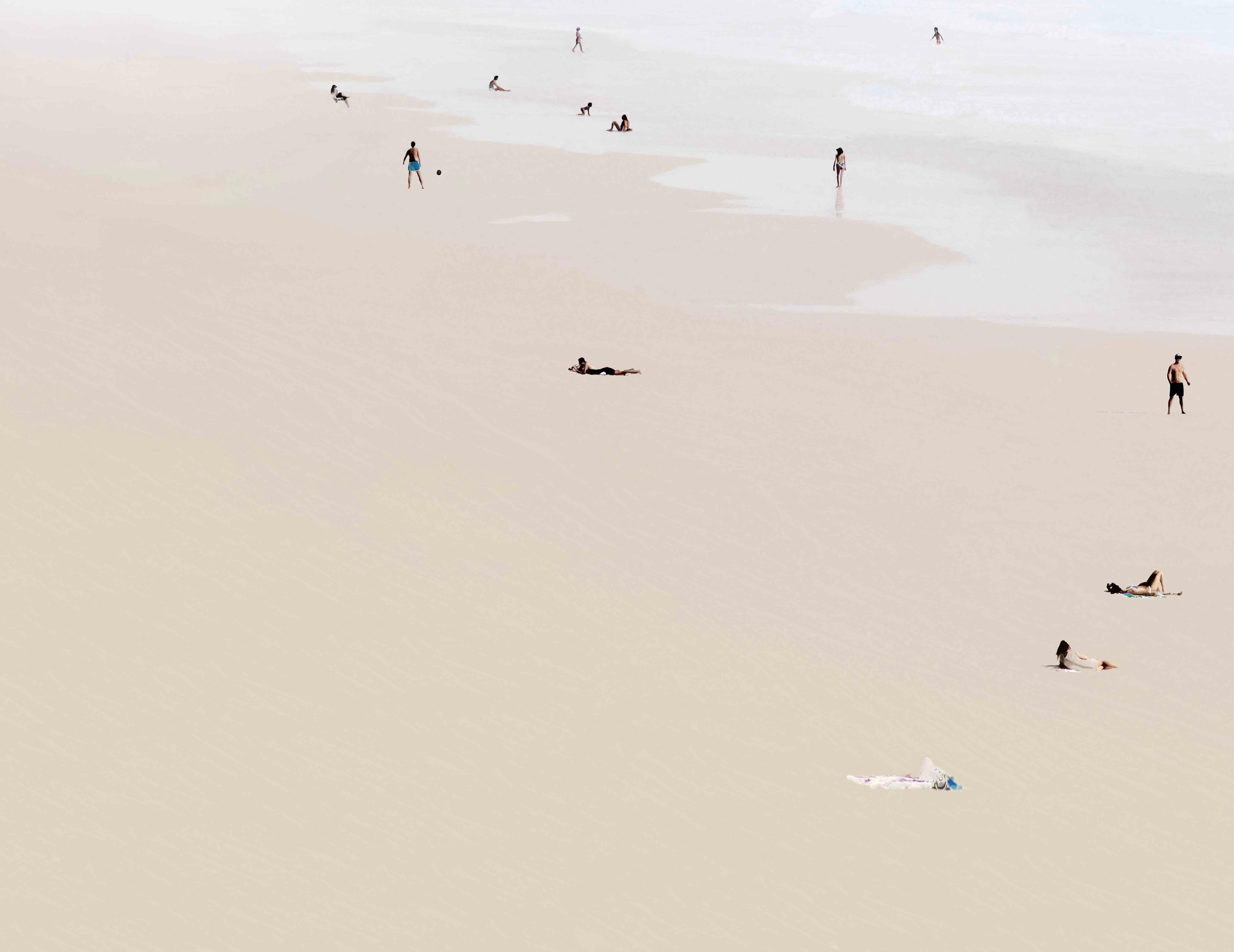 This art work is a photo of the Tel Aviv beach taken by Pardo and then manipulated to make it look as a surreal beach.
The people were there, playing, surfing, lying down. Pardo just played with the colors, confusing the viewer whether it is a