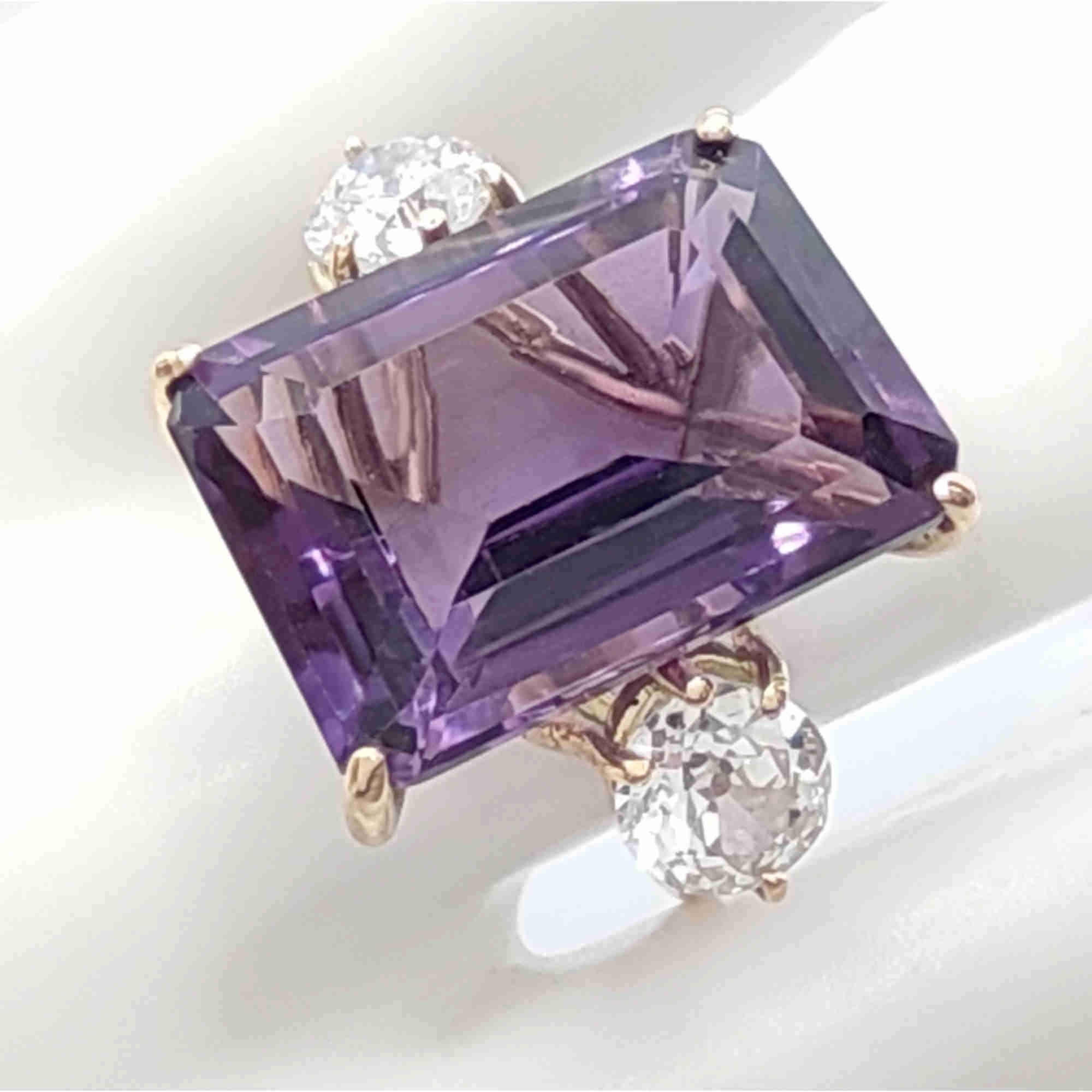 Emerald Cut IGE Certified 17.28 Carat Amethyst Diamond Cocktail Ring For Sale