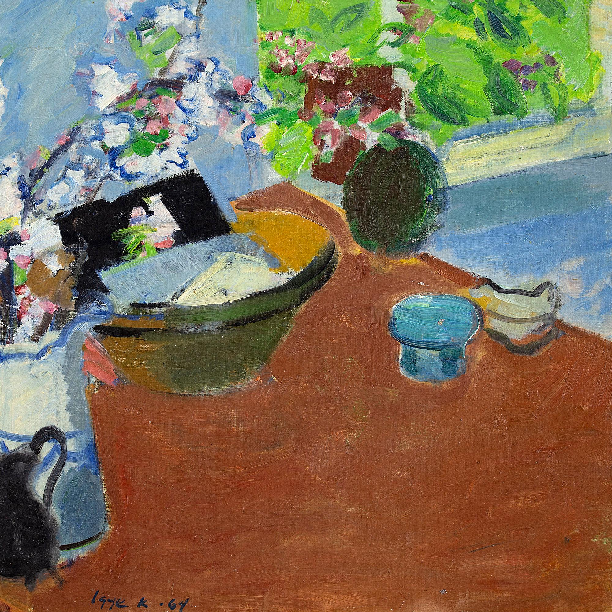 This mid-century still life by Swedish artist Igge Karlsson depicts a table with various ceramics and a branch of blossom from a flowering crabapple tree. It’s a highly decorative arrangement.

Karlsson trained at the Royal College of Art and the