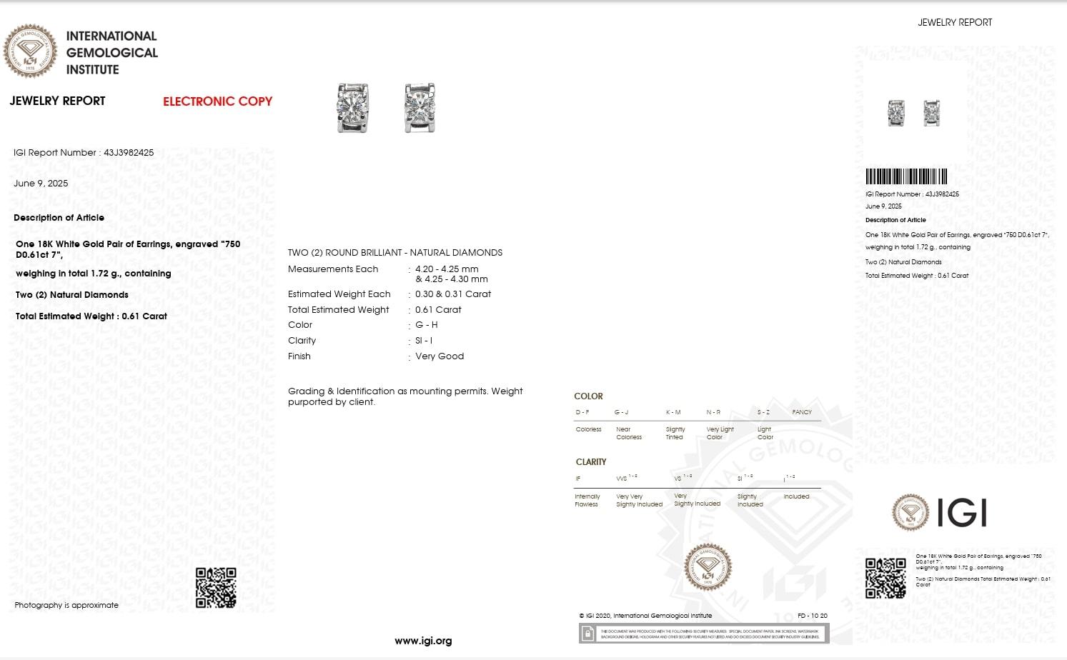 Art Déco Orecchino con diamante naturale IGI da 0,61 carati in oro massiccio 18 carati in vendita