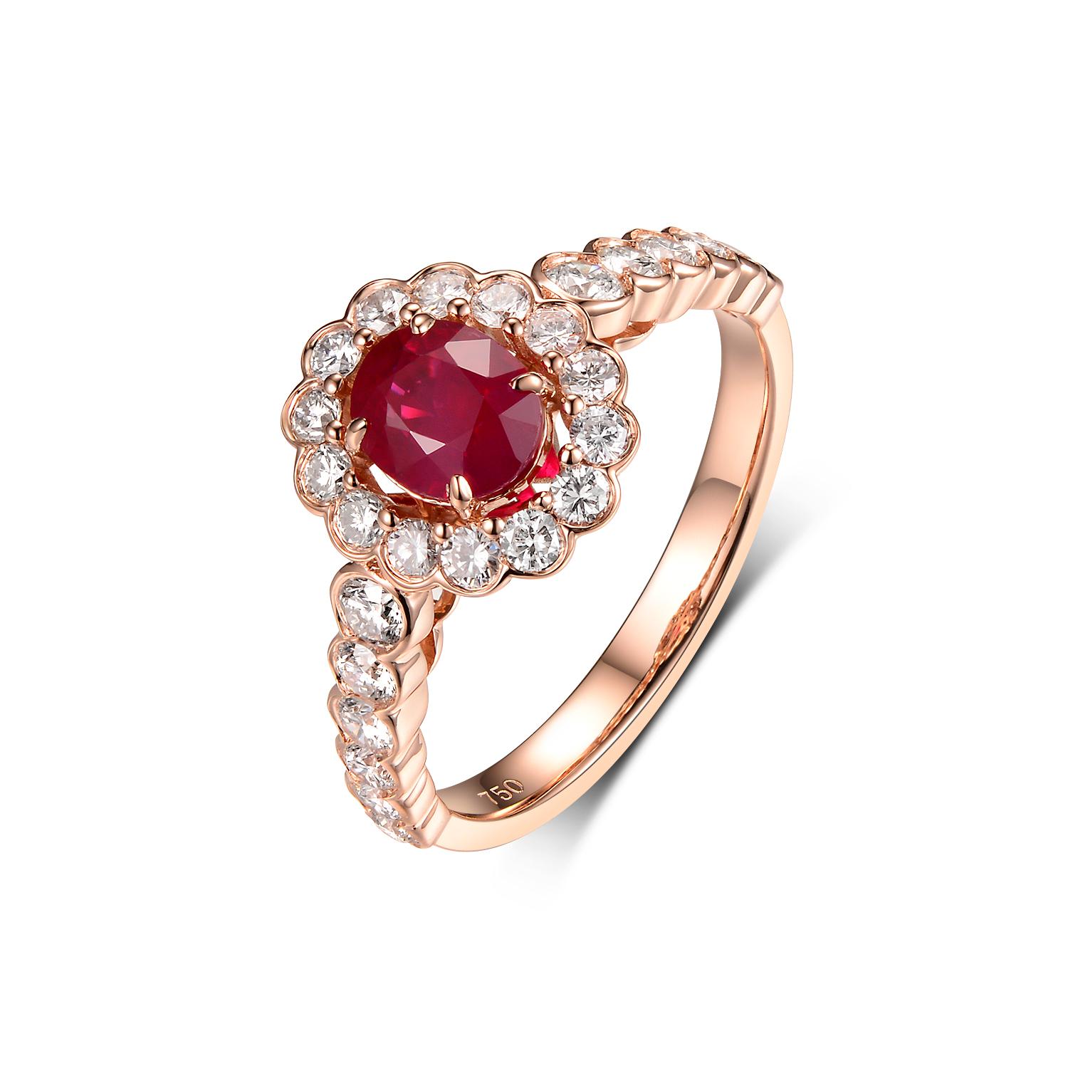 Crafted with the utmost elegance, this enchanting ring is a true testament to timeless design and luxury. The ring features a magnificent ruby, weighing 0.82 carats, at its center—a gemstone celebrated for its deep red hue and association with