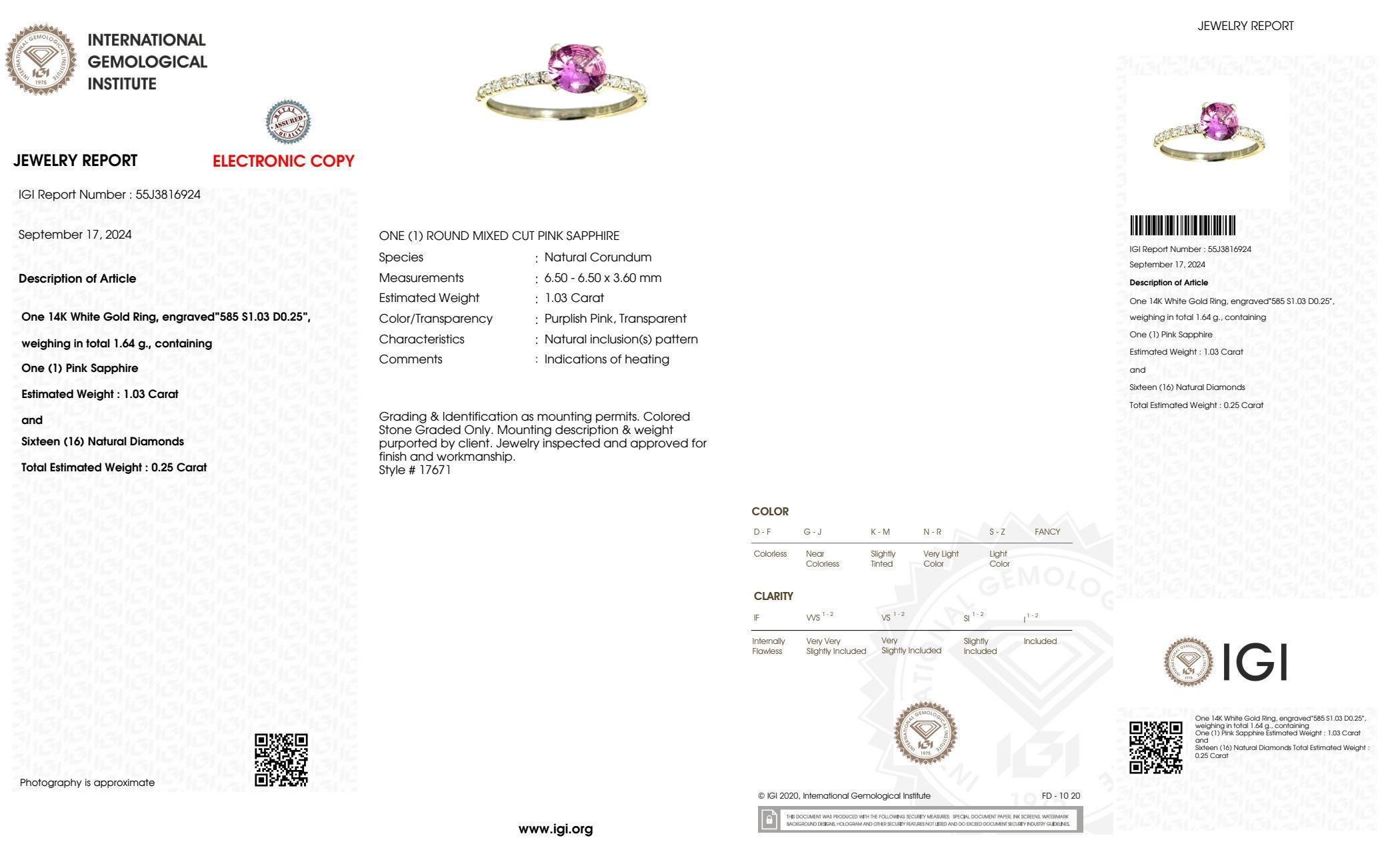 Round Cut IGI 1.03 Ct 14K White Gold Pink Sapphire&Diamonds Engagement Ring For Sale