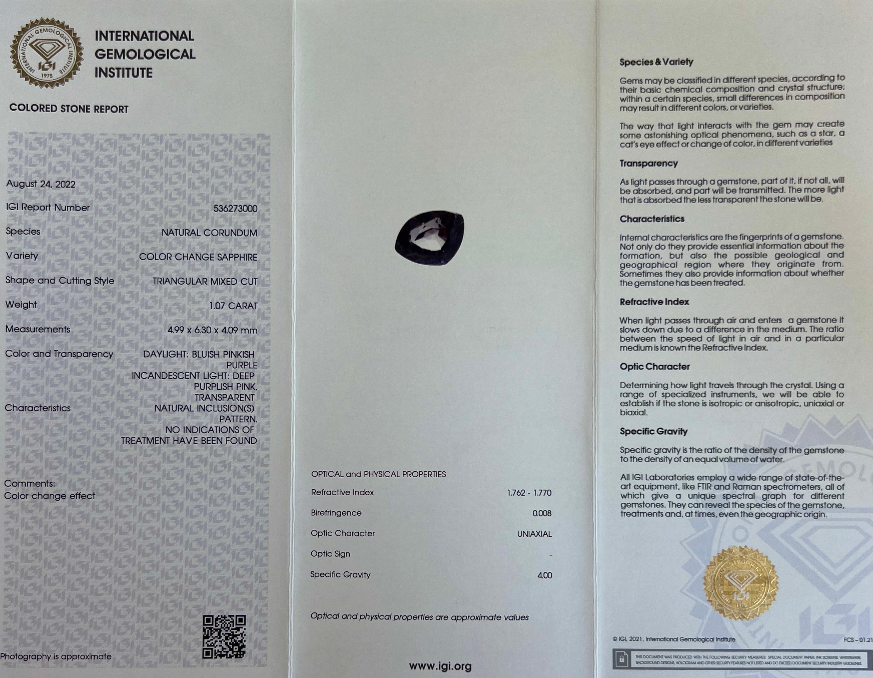 IGI 1,07 Karat Farbwechsel Saphir Rosa Blau Lila Dreieck geschnitten 18k Gold Ring im Zustand „Neu“ im Angebot in Birmingham, GB