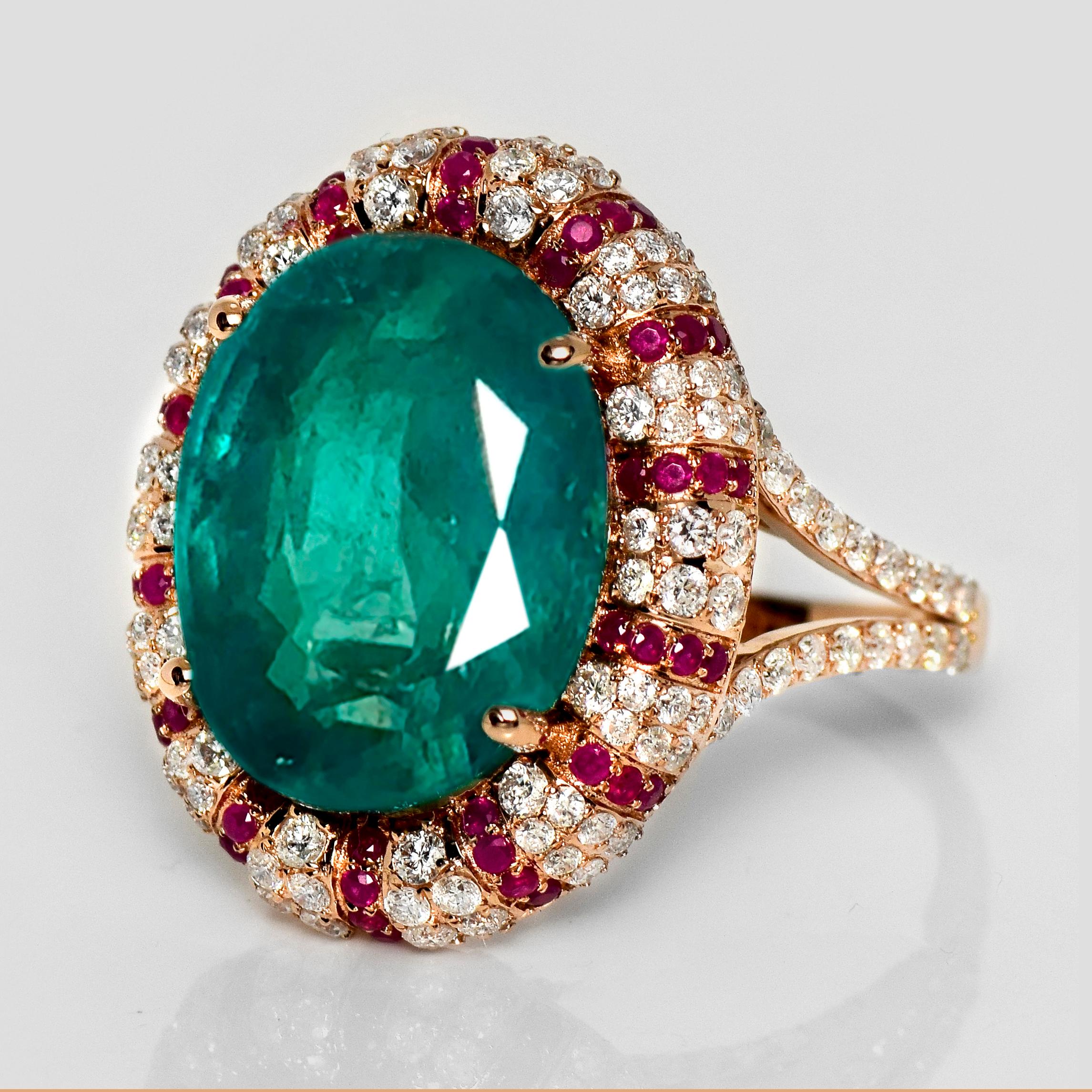 Contemporary IGI 10.93 Ct 18K Rose Gold Vivid Bluish Green Emerald Diamond Cocktail Ring For Sale