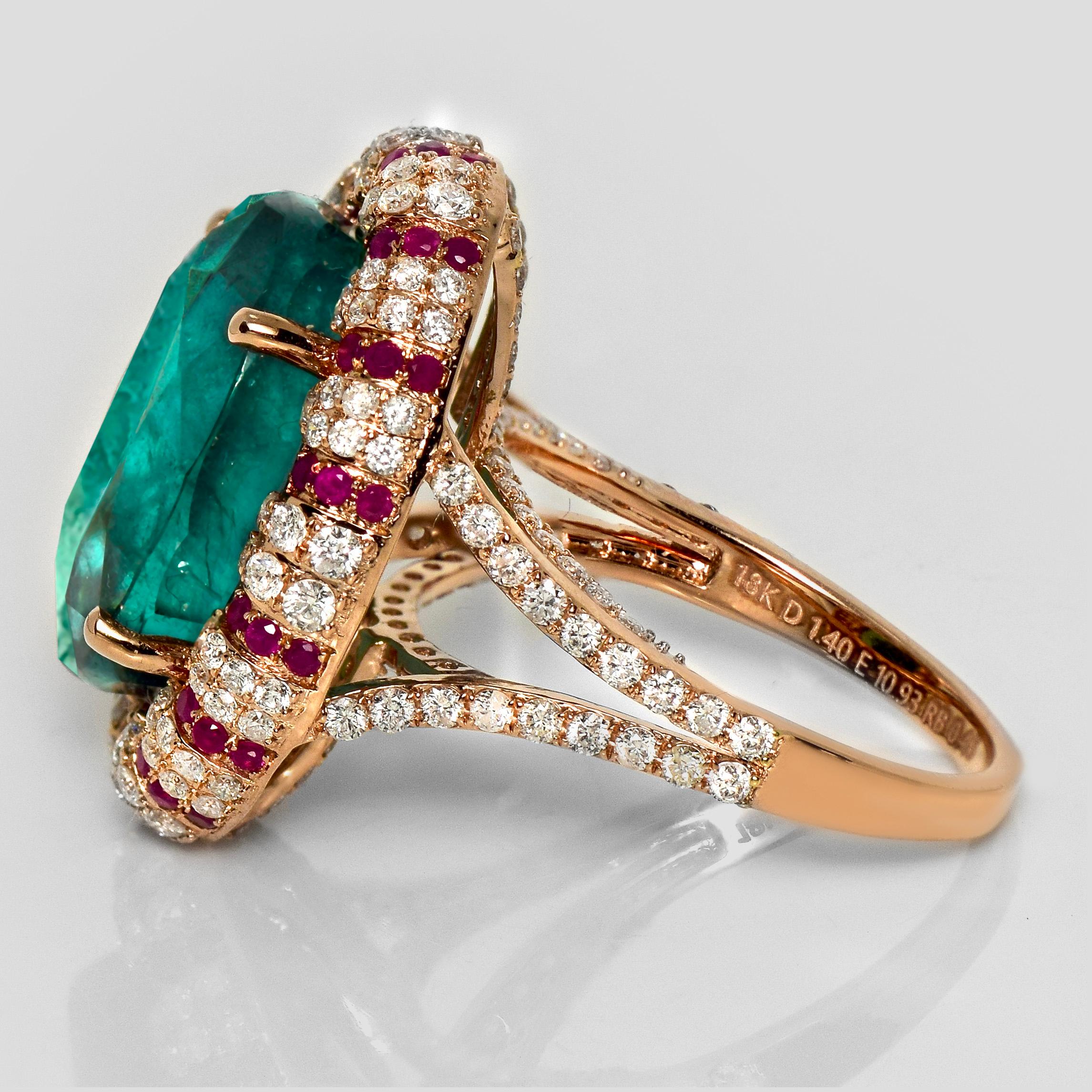 Oval Cut IGI 10.93 Ct 18K Rose Gold Vivid Bluish Green Emerald Diamond Cocktail Ring For Sale