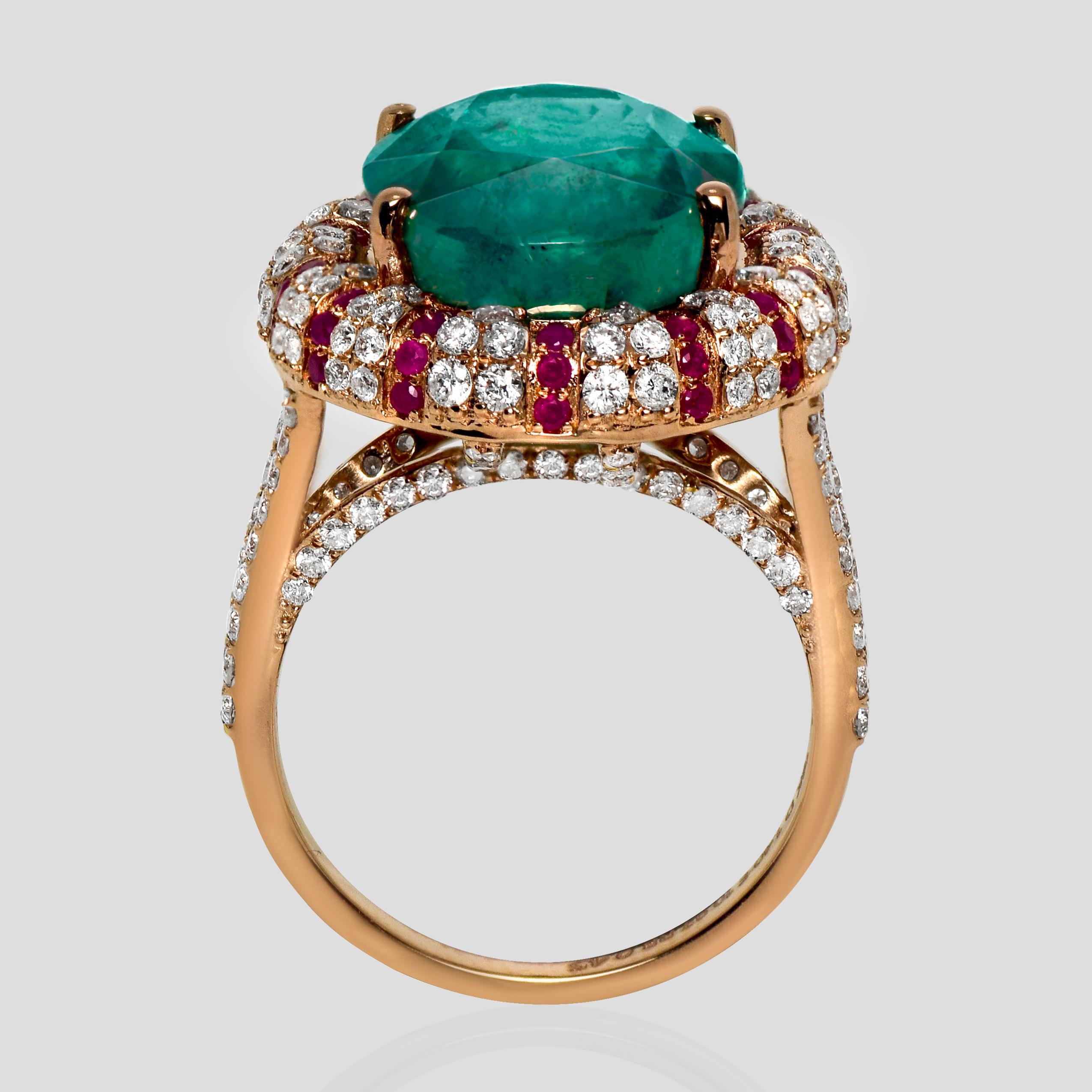 IGI 10.93 Ct 18K Rose Gold Vivid Bluish Green Emerald Diamond Cocktail Ring In New Condition For Sale In Kaohsiung City, TW