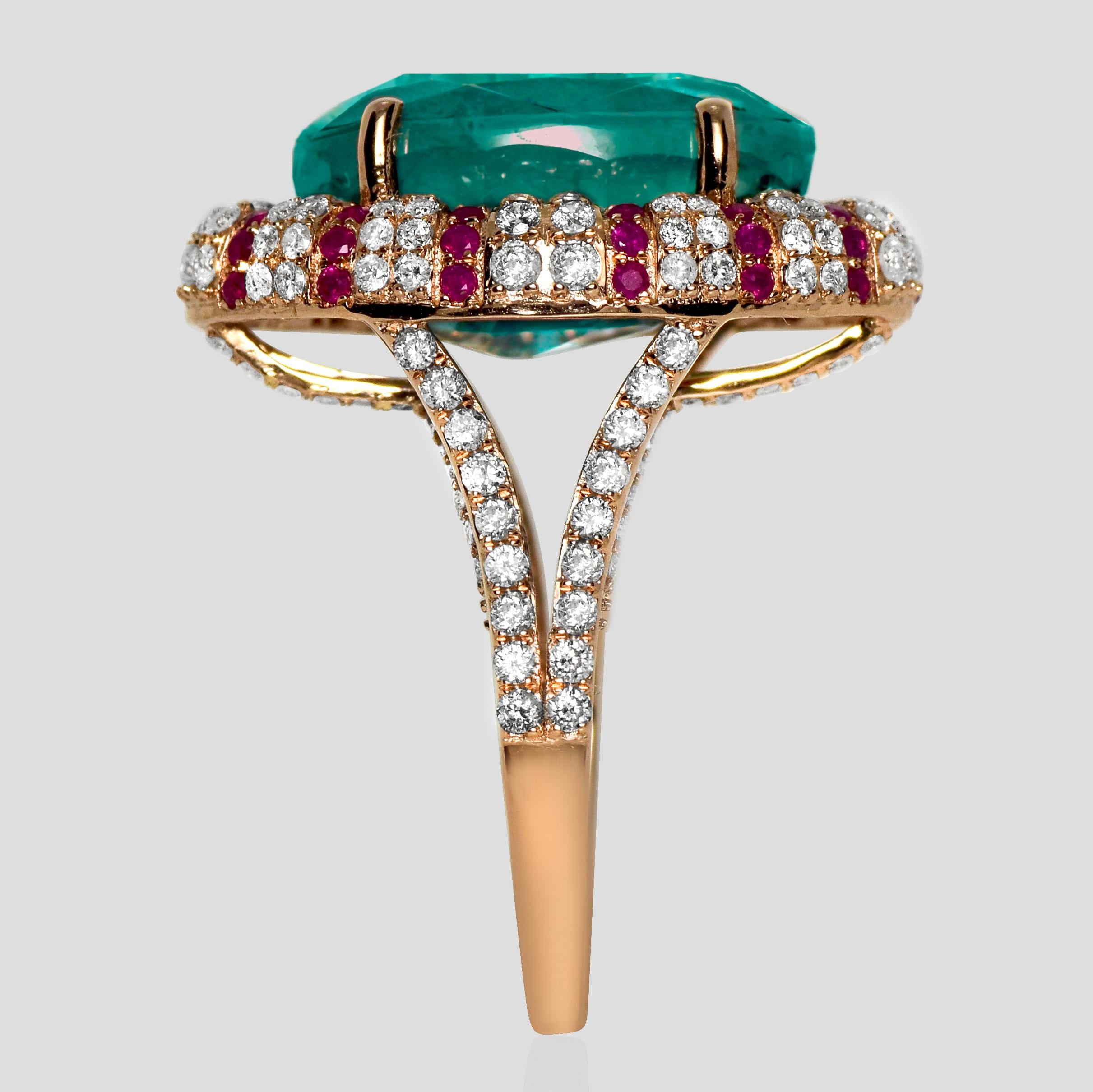 Women's or Men's IGI 10.93 Ct 18K Rose Gold Vivid Bluish Green Emerald Diamond Cocktail Ring For Sale