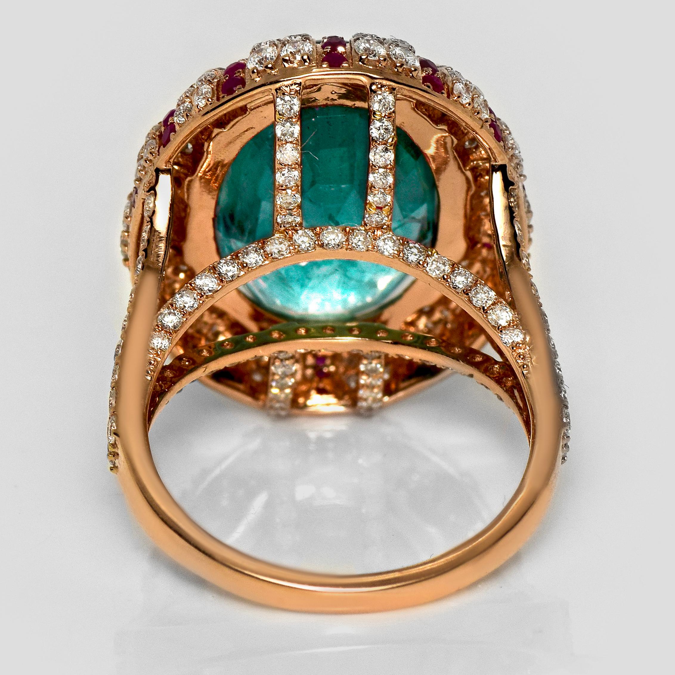 IGI 10.93 Ct 18K Rose Gold Vivid Bluish Green Emerald Diamond Cocktail Ring For Sale 1