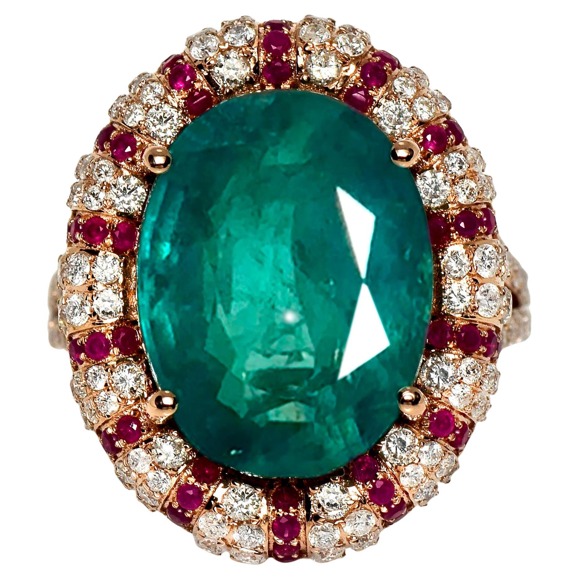 IGI 10.93 Ct 18K Rose Gold Vivid Bluish Green Emerald Diamond Cocktail Ring For Sale