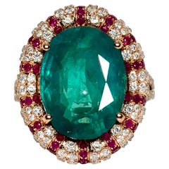 IGI 10.93 Ct 18K Rose Gold Vivid Bluish Green Emerald Diamond Cocktail Ring