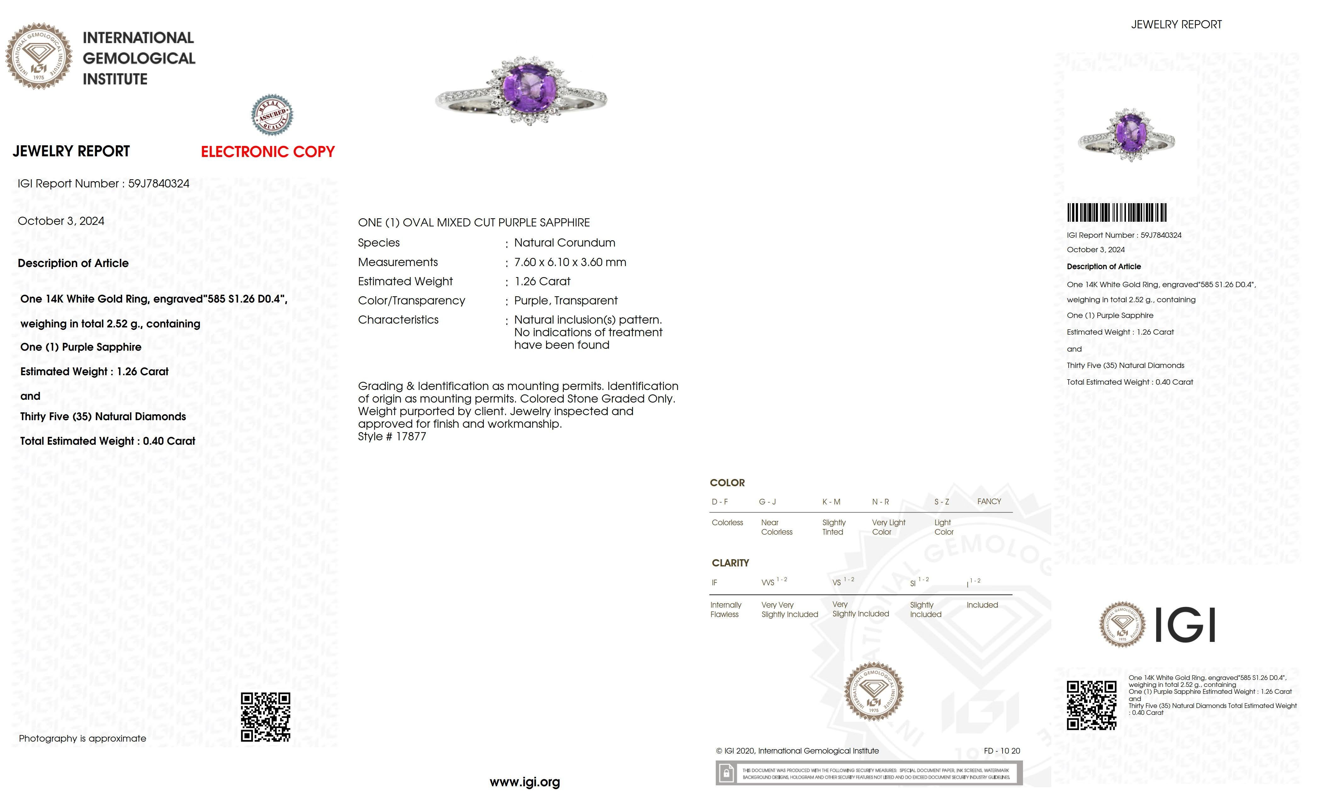 Contemporary IGI 1.26 Ct 14K Rose Gold Unheated Purple Sapphire&Diamonds Engagement Ring For Sale