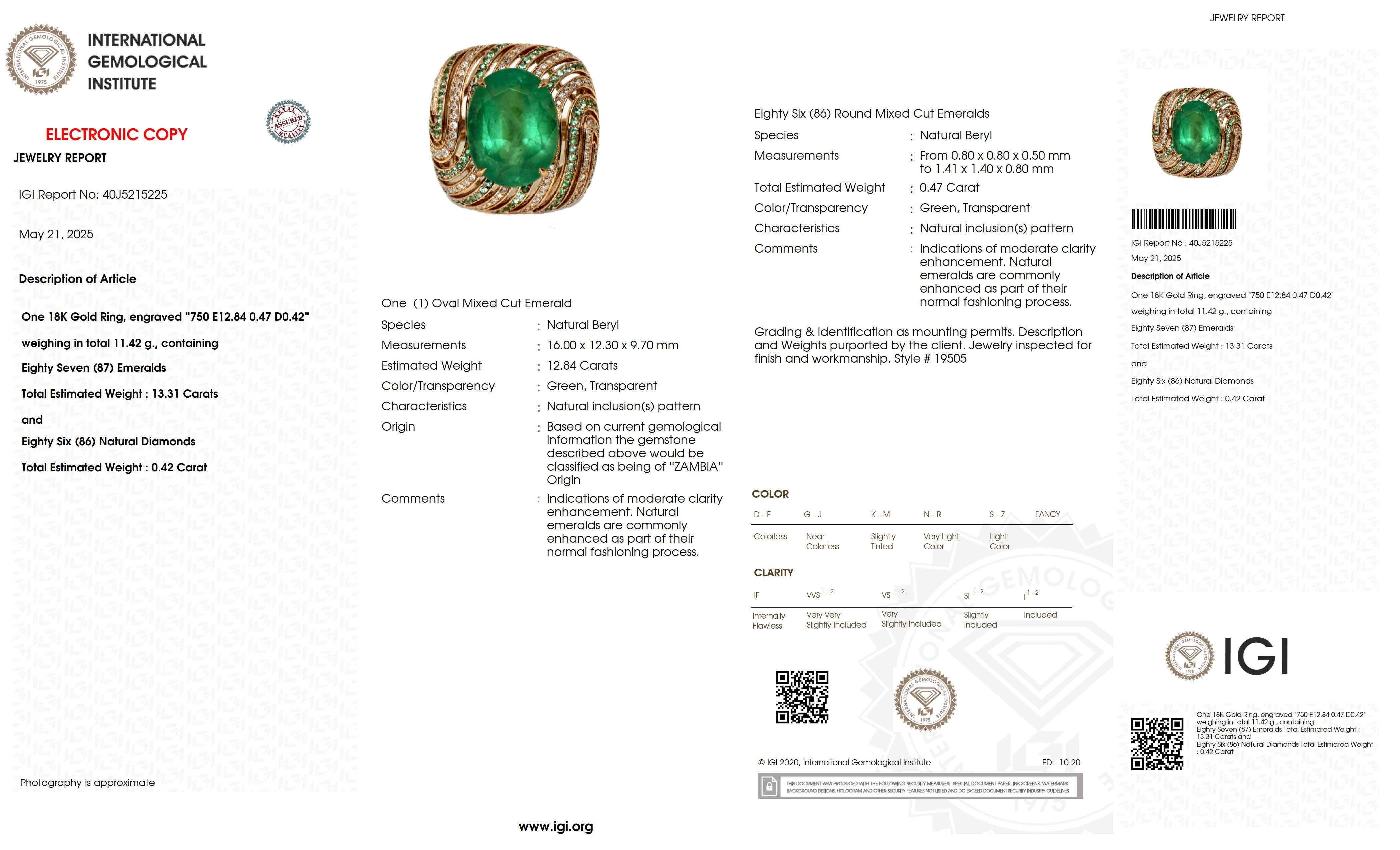 IGI 12.84 Ct 18K Rose Gold Vivid Green Emerald Diamond Cocktail Ring im Angebot 2