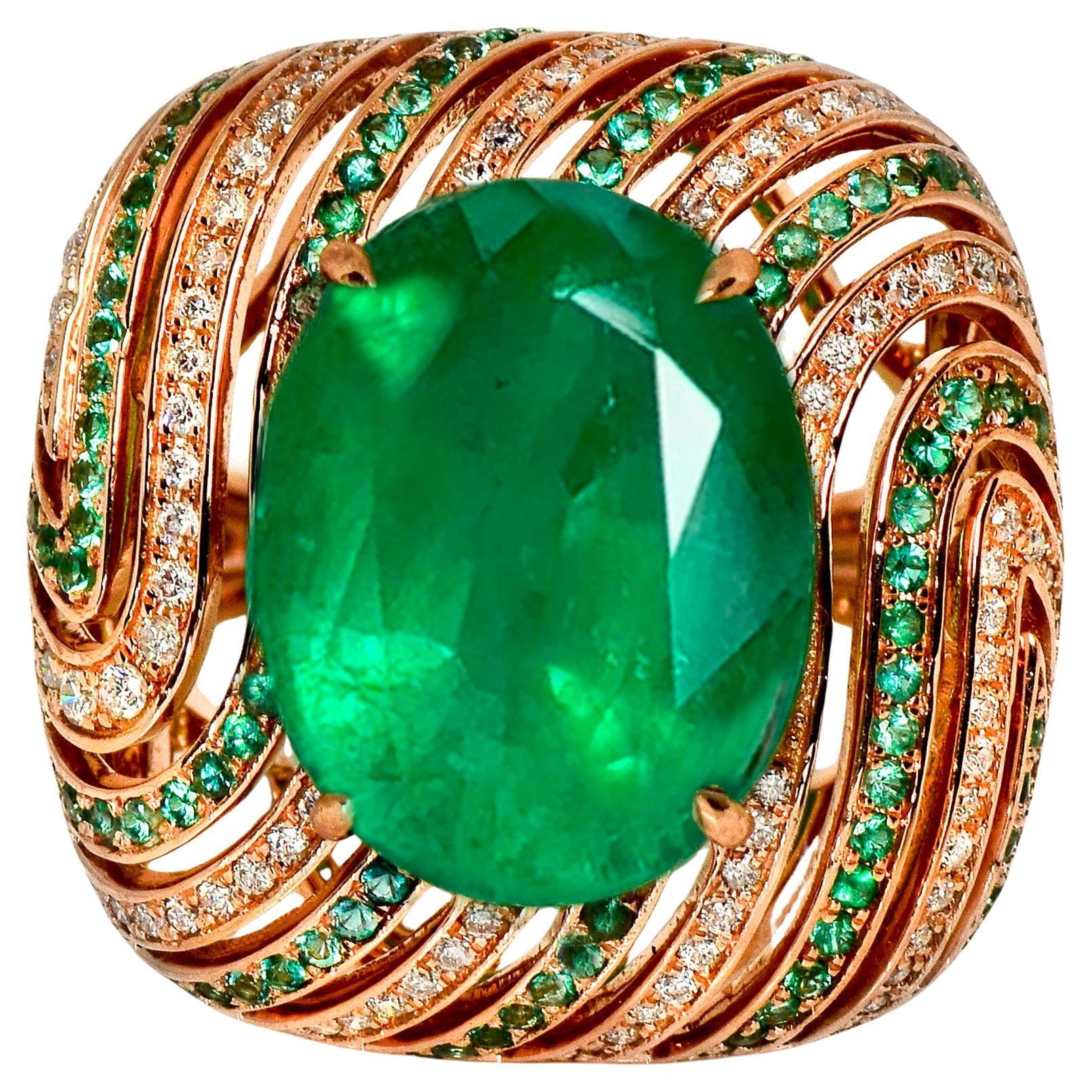 IGI 12.84 Ct 18K Rose Gold Vivid Green Emerald Diamond Cocktail Ring