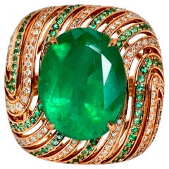 IGI 12.84 Ct 18K Rose Gold Vivid Green Emerald Diamond Cocktail Ring