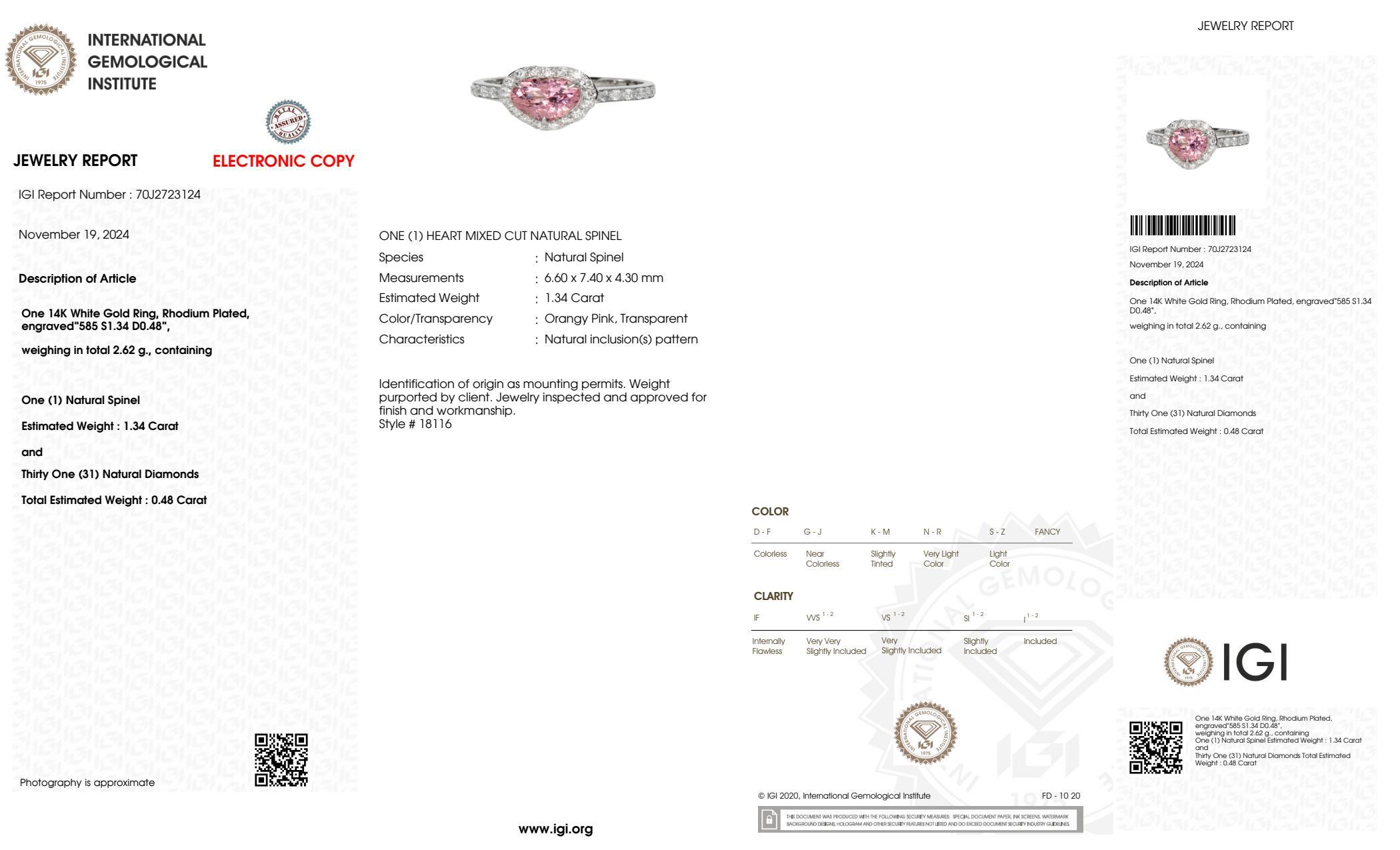 IGI 1.34 Ct 14K White Gold Pink Spinel&Diamonds Engagement Ring For Sale 2