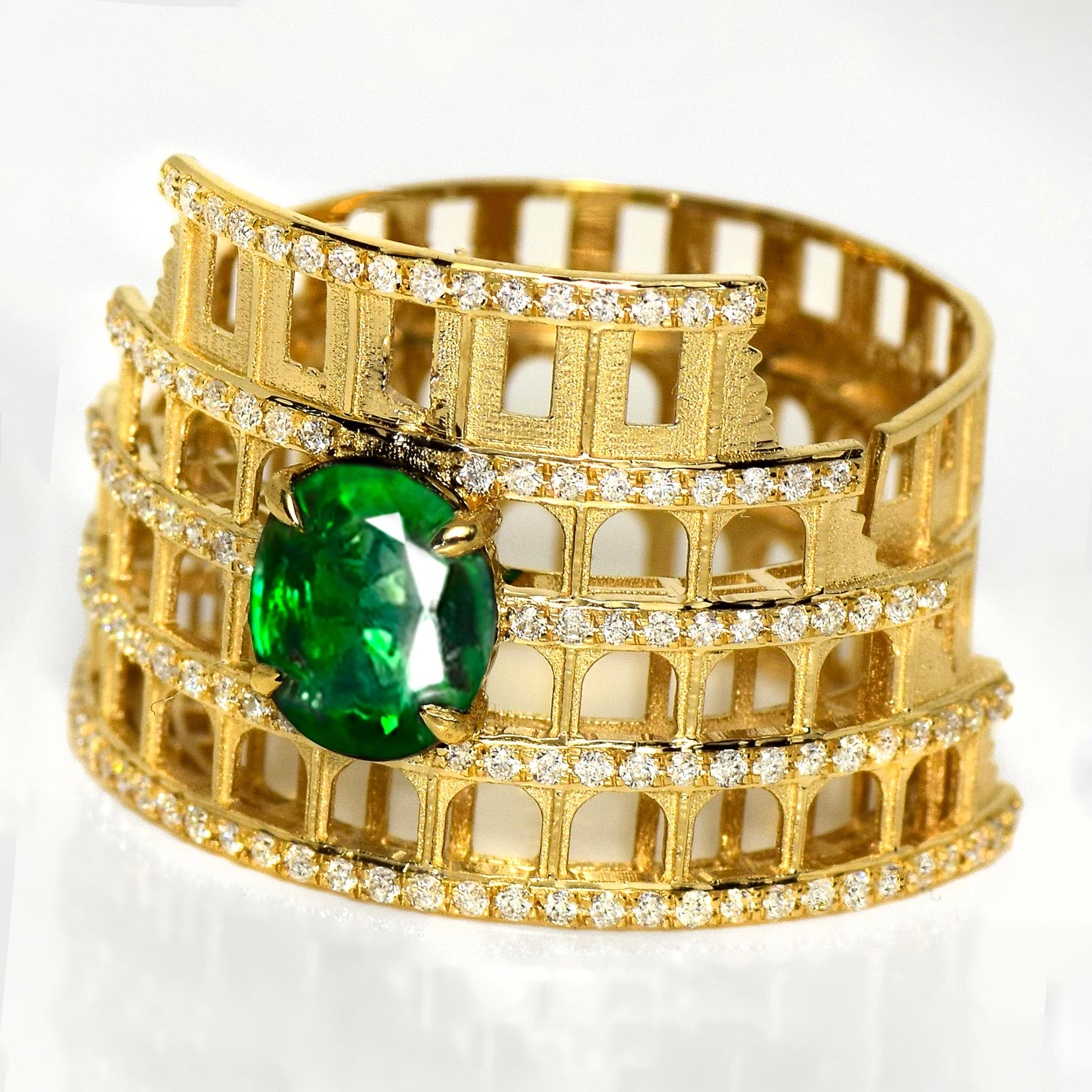 Contemporaneo Anello di fidanzamento Art Deco IGI da 1,41 ct in oro giallo 14 carati con tsavorite verde vivo in vendita